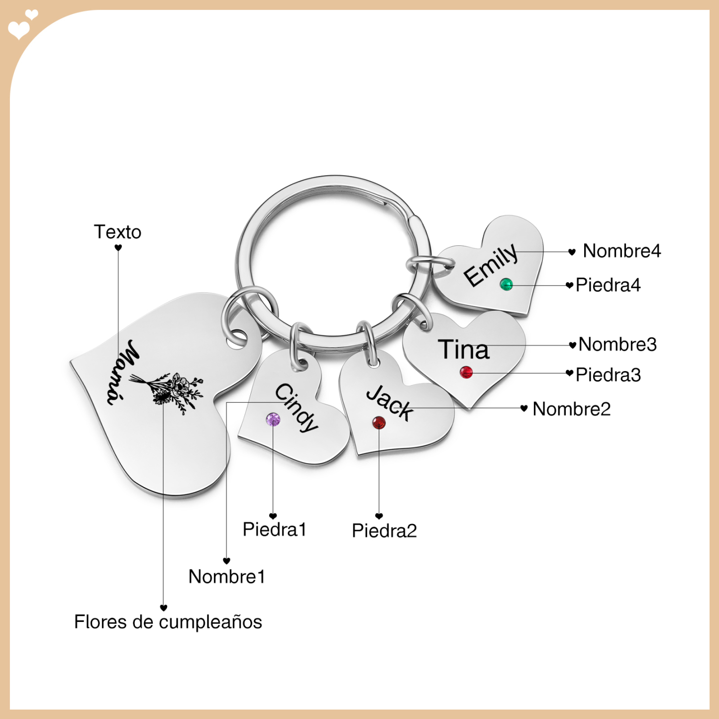 A mi mamá/abuela - Llavero con 4 nombres y piedras de nacimiento personalizados en corazones con texto y flor-Jessemade ES