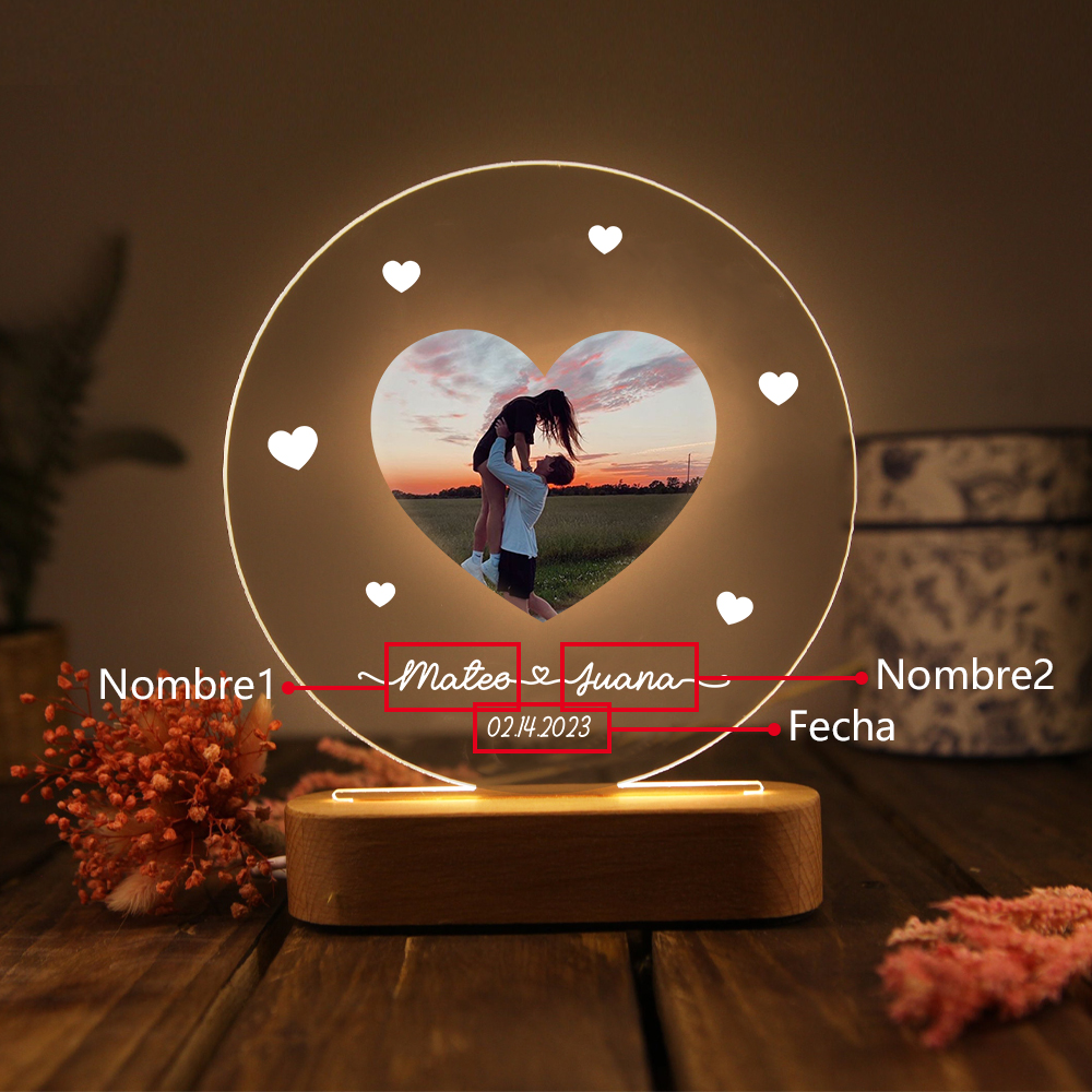 Lámpara para pareja 3D Ilusión Luz de Noche LED 2 nombres, fecha y foto personalizados -Jessemade ES