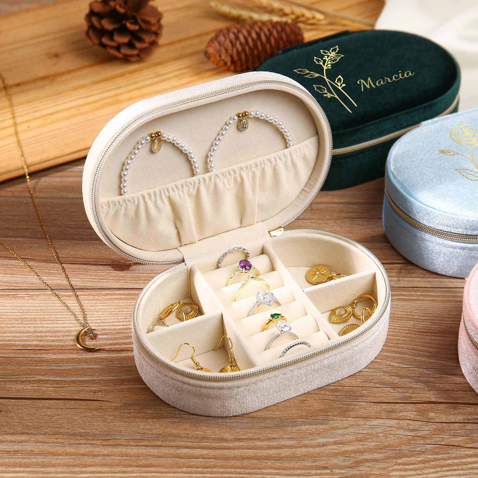 Caja de regalo para joya personalizada con nombre y flor de nacimiento-Jessemade ES