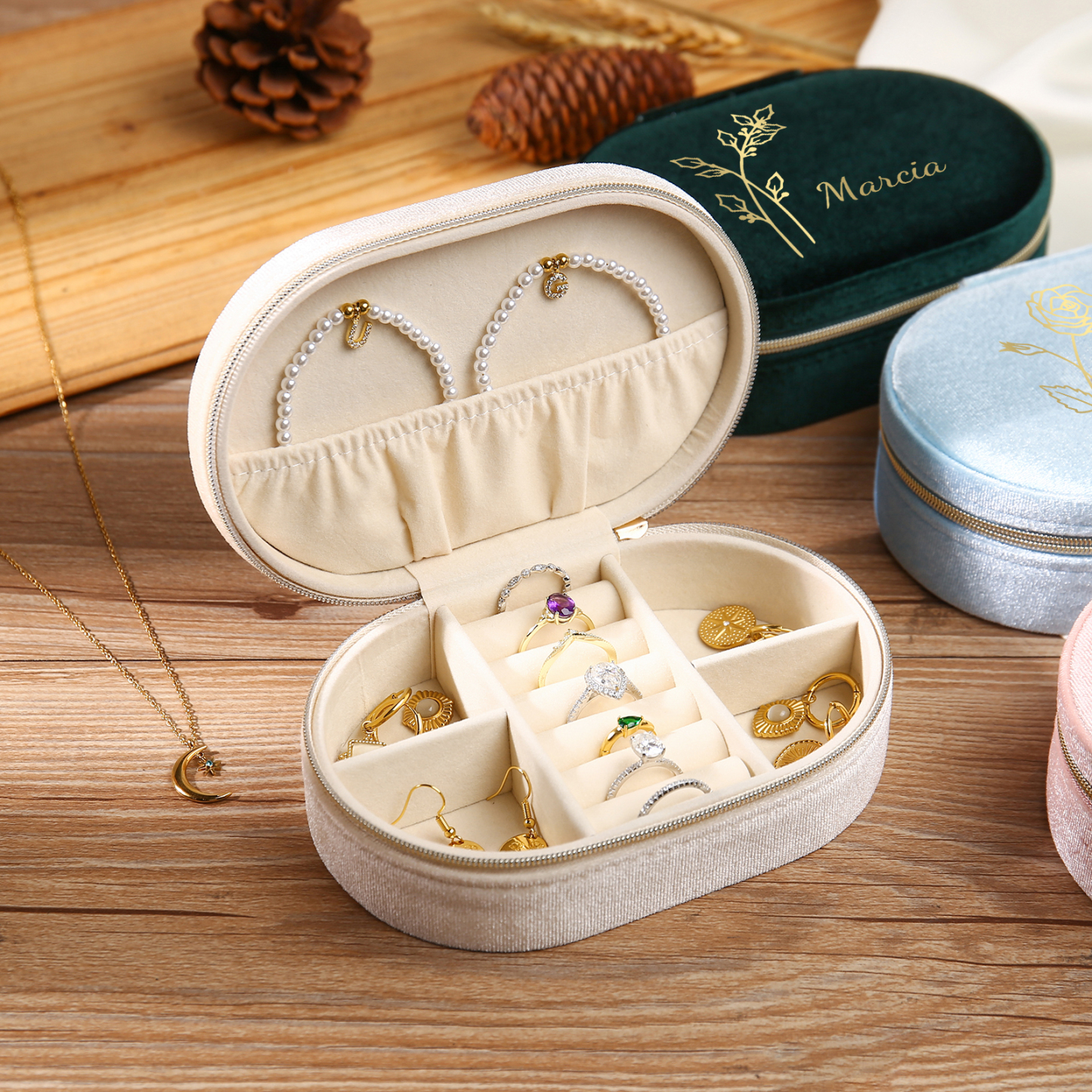 Caja de regalo para joya personalizada con nombre y flor de nacimiento-Jessemade ES