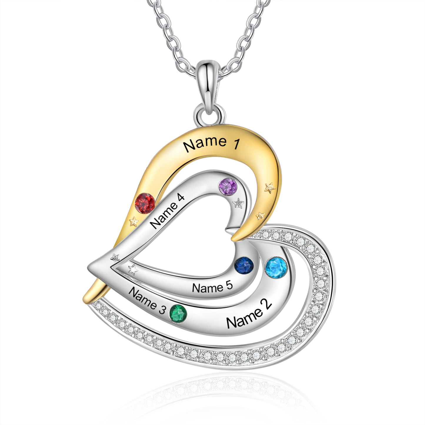 Collar de corazón con 5 nombres y piedras de nacimiento personalizados-Jessemade ES