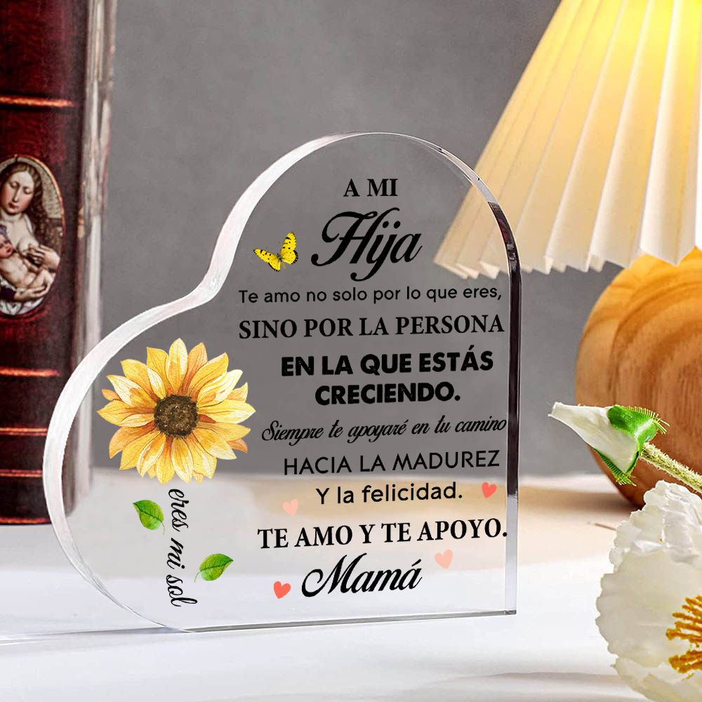 A mi hija-Placa de acrílico en forma de corazón de girasol con 1 nombre personalizado-Jessemade ES