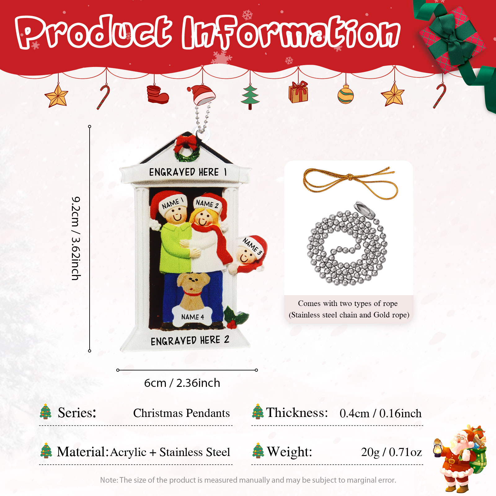 Navidad-Ornamentos Navideños de Acrílico Familia en Puerta con Perro 4 Nombres Personalizados con 2 Textos-Jessemade ES