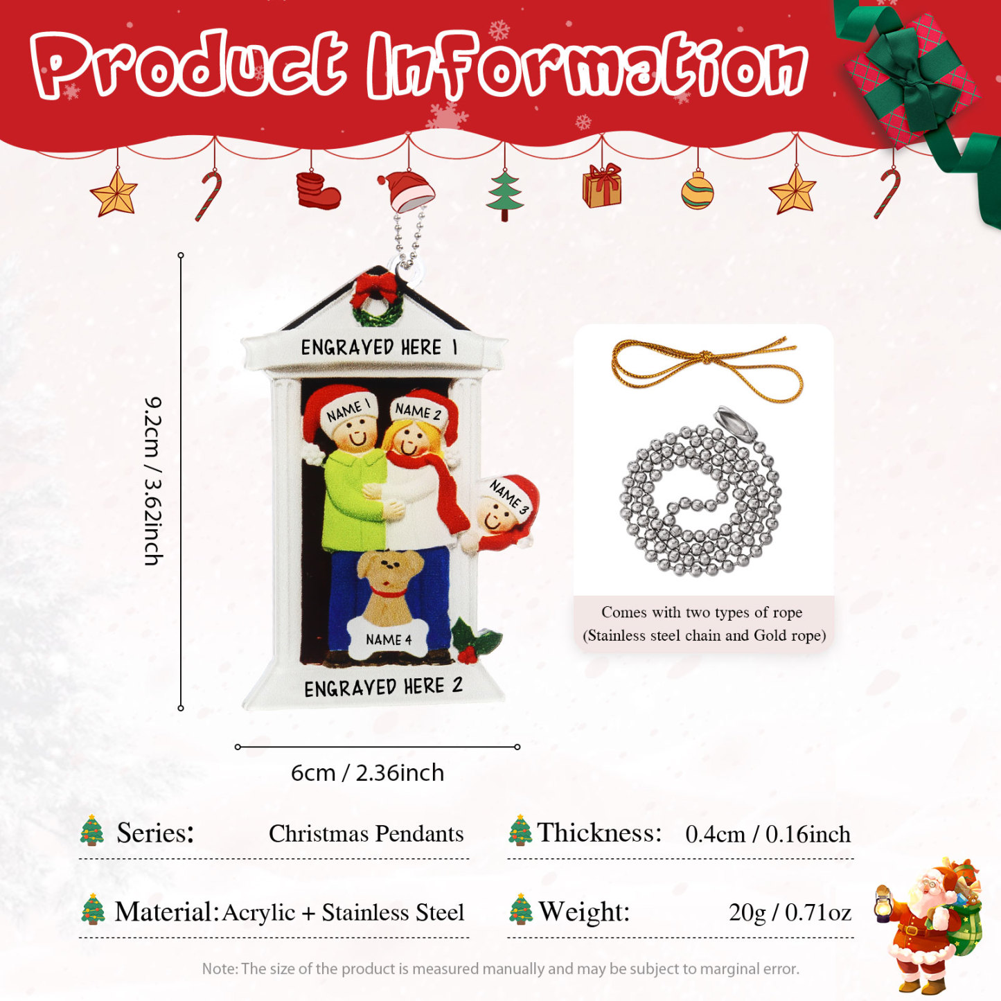 Navidad-Ornamentos Navideños de Acrílico Familia en Puerta con Perro 4 Nombres Personalizados con 2 Textos-Jessemade ES