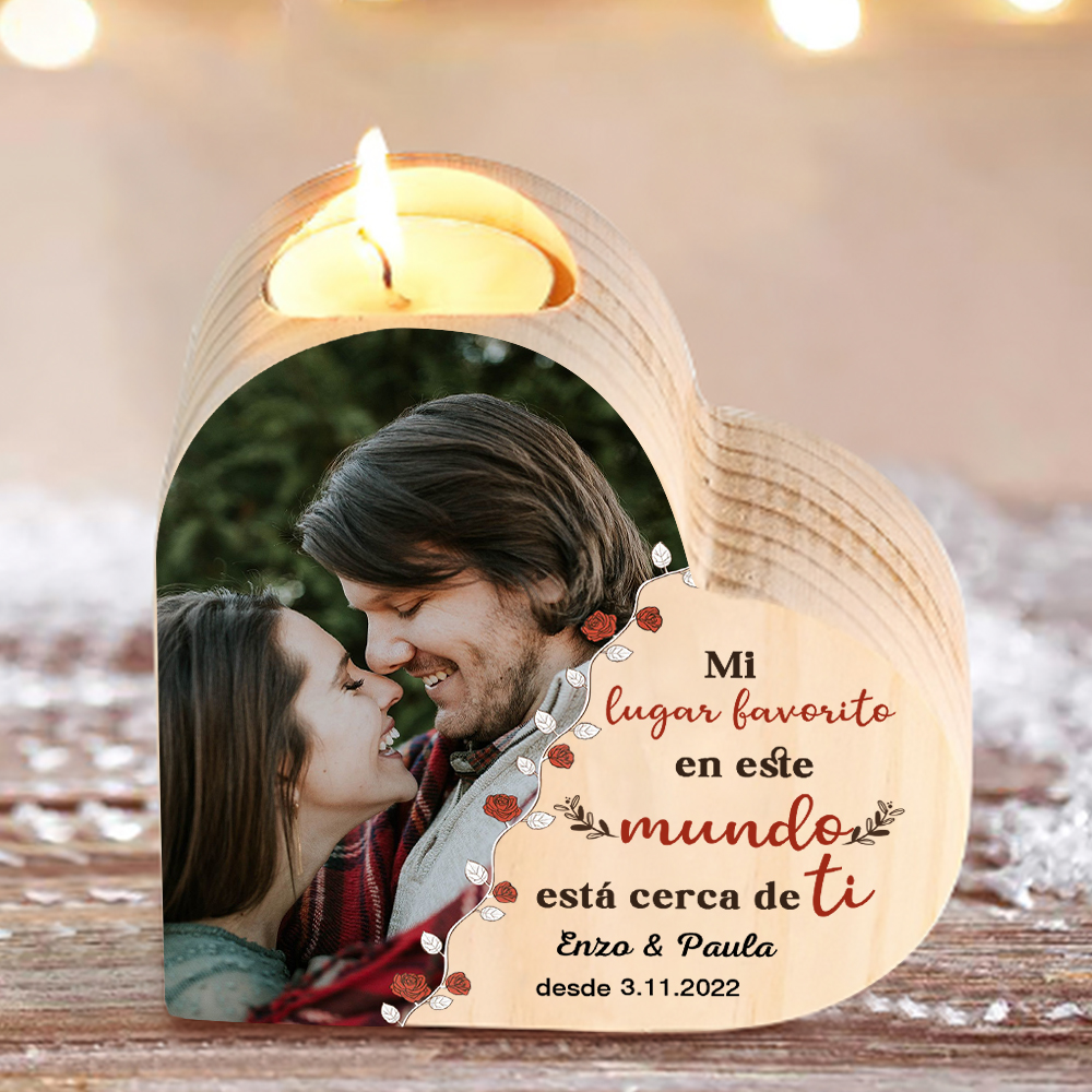 Candelero de madera para pareja con texto amoroso sin vela personalizado con nombres, fecha y foto-Jessemade ES