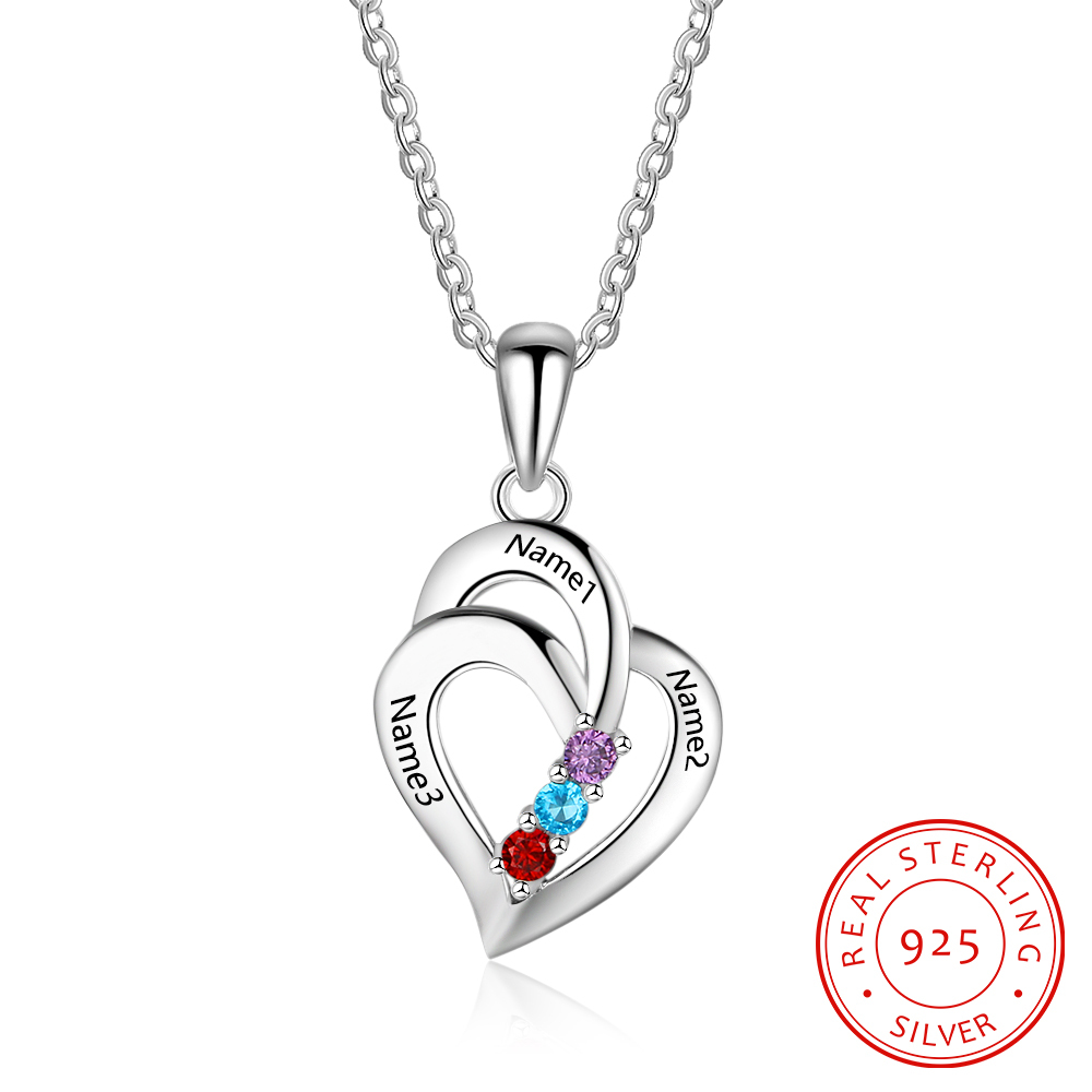 Collar para mujer de corazón de plata 925 personalizado con 3 piedras de nacimiento y 3 nombres
