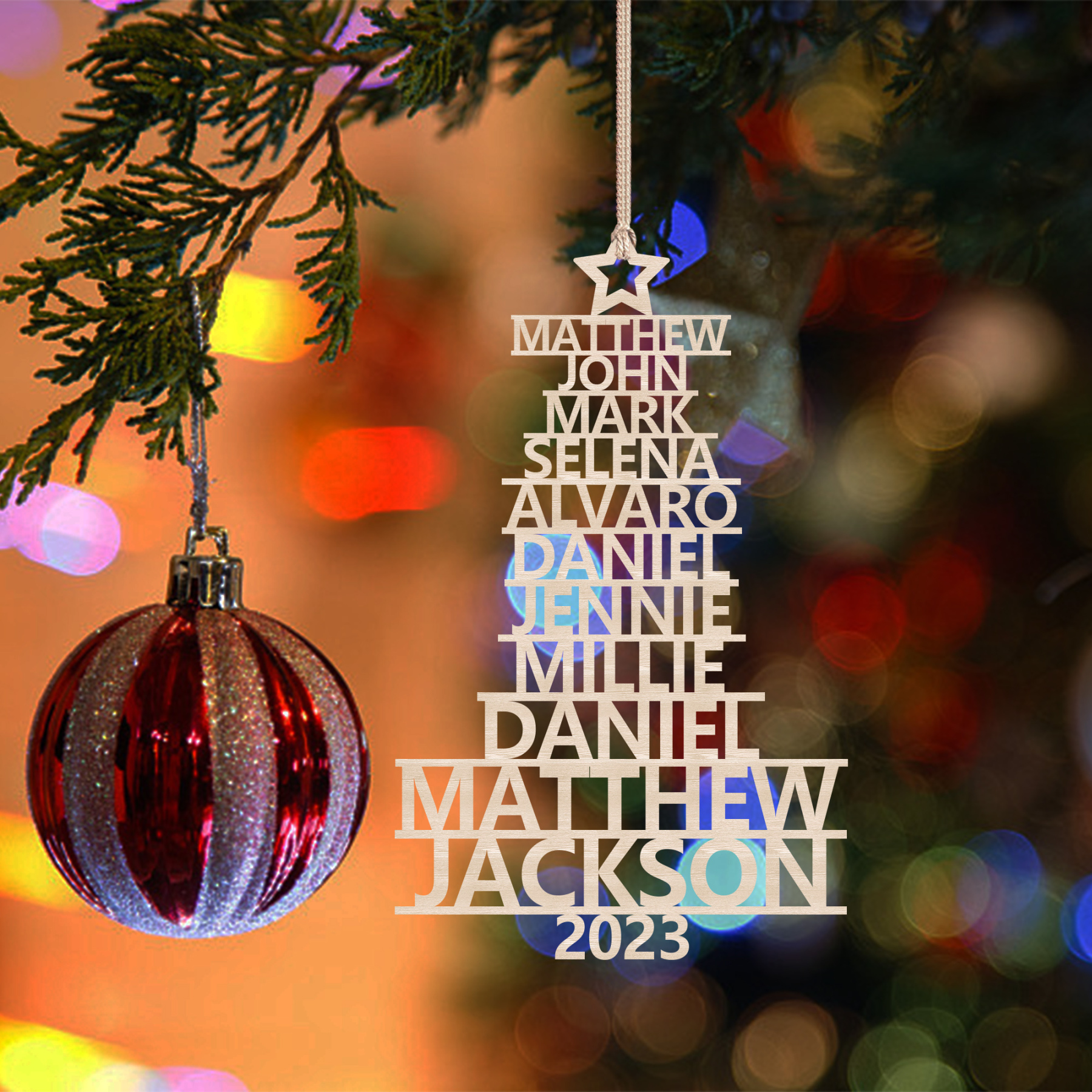 Navidad-Ornamento navideño de madera árbol de nombres con 11 nombres y año personalizados