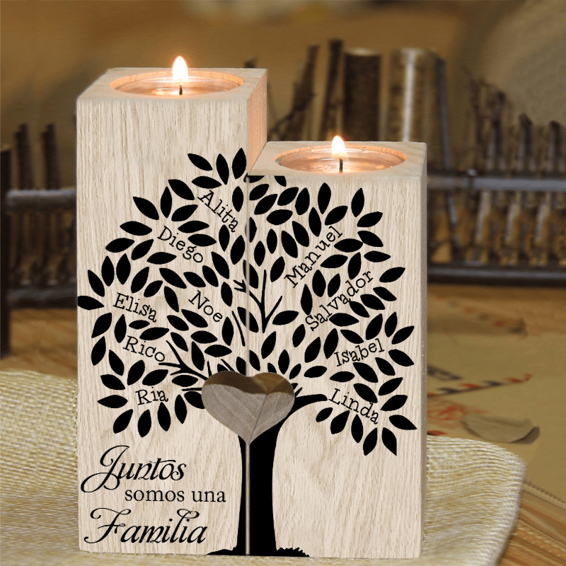 A la familia-Candelero de árbol de la vida de madera personalizado con 2-10 nombres y 1 texto sin vela-Jessemade ES