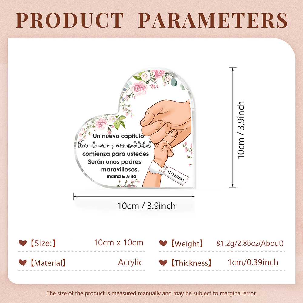 Placa de acrílico en forma de corazón con 1 texto y fecha personalizados para nuevo nacimiento