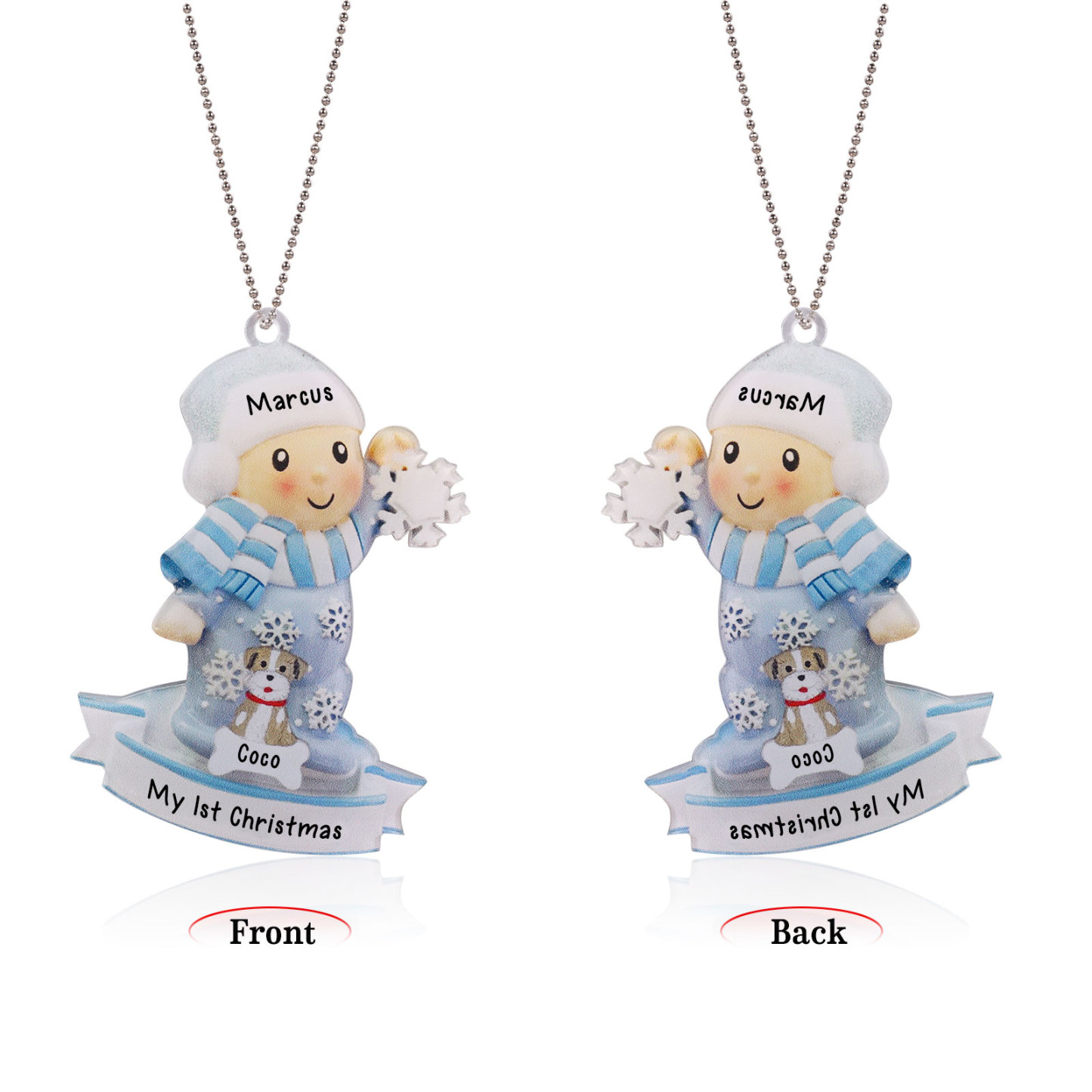 Navidad-Bebé con Perro Ornamento Navideño 2 nombres y texto personalizados