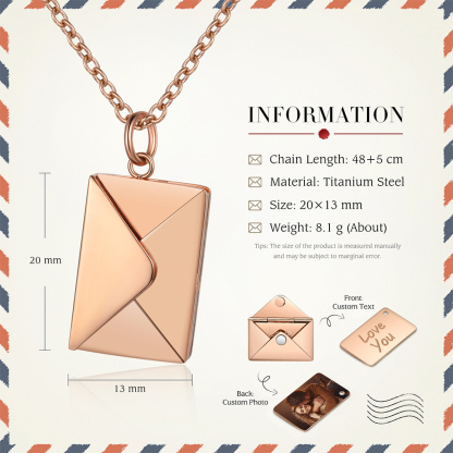 Collar con colgante de sobre con hoja de 1 texto y 1 foto personalizados