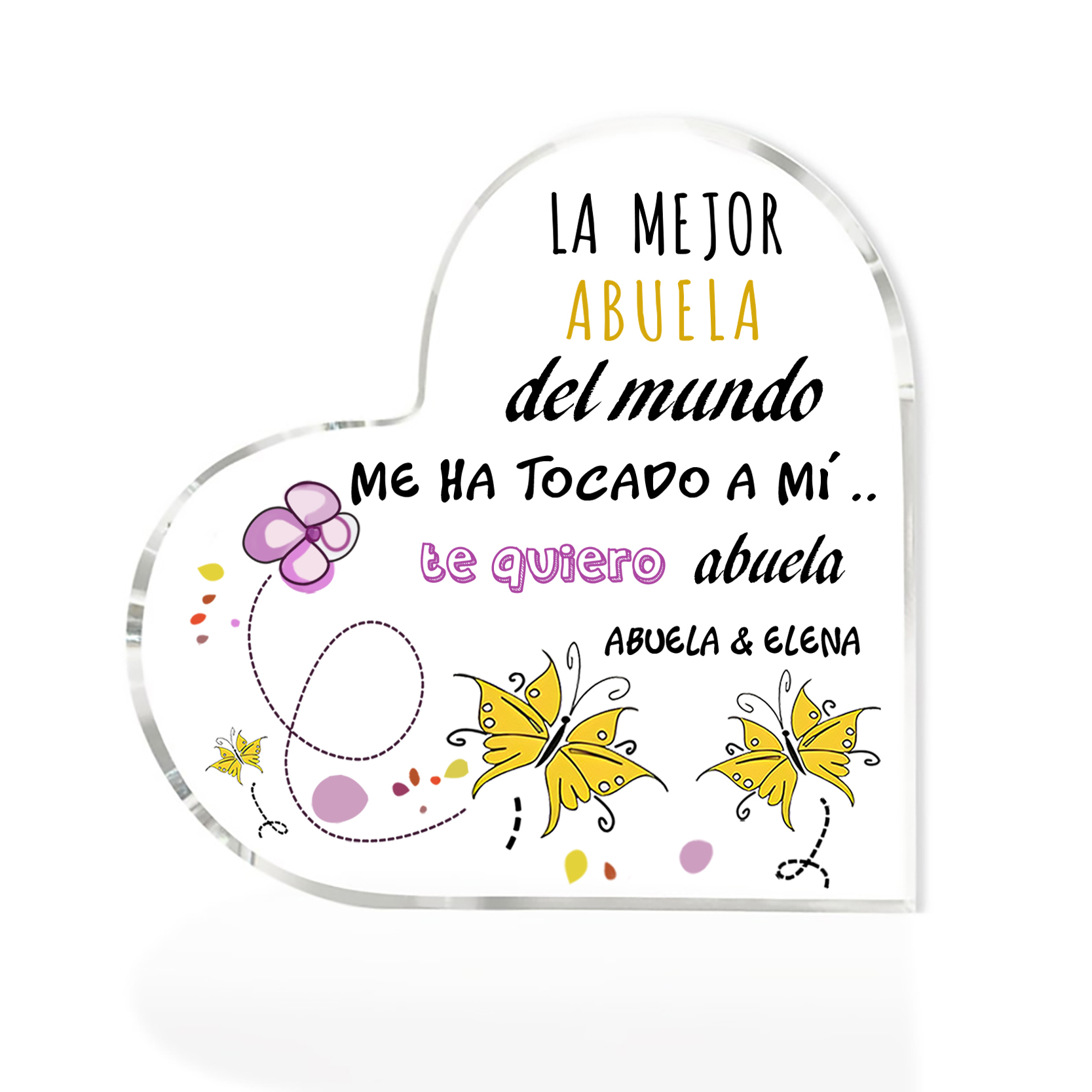 Abuela - Placa de acrílico en forma de corazón mariposas 2 nombres personalizados-Jessemade ES