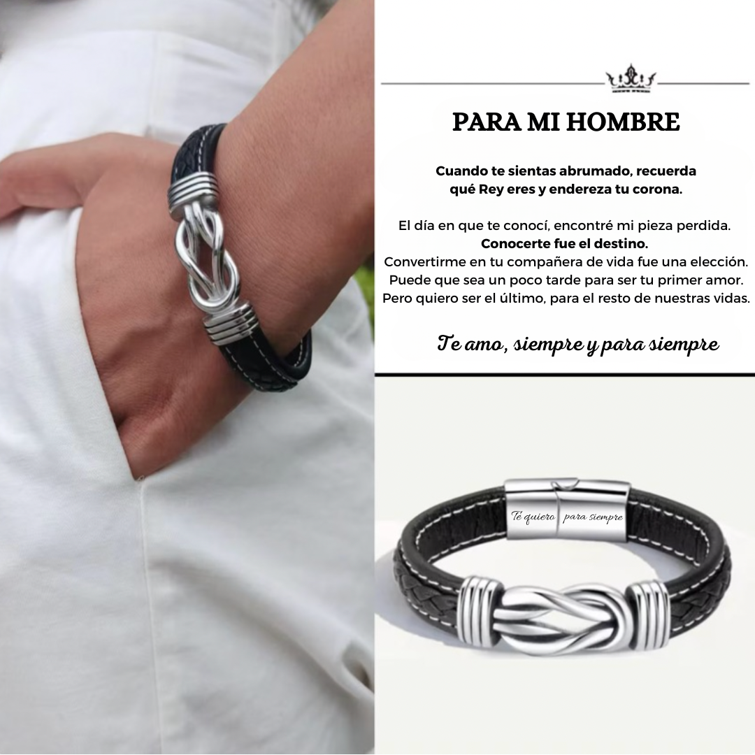 Para mi hombre-Pulsera de Cuero Nudo Eterno de Acero Inoxidable con 2 Nombres Personalizados