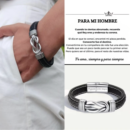 Para mi hombre-Pulsera de Cuero Nudo Eterno de Acero Inoxidable con 2 Textos Personalizados