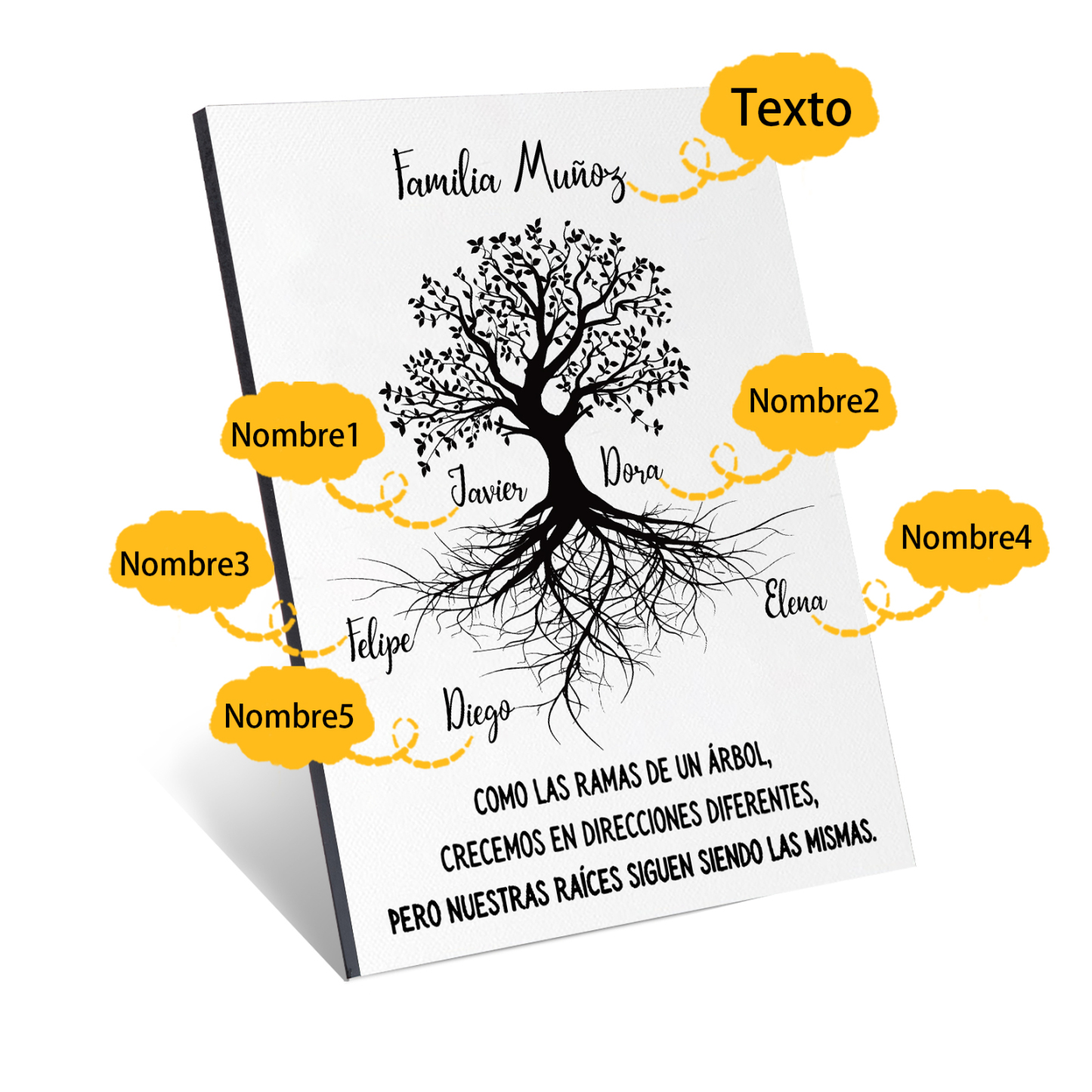 A mi familia-Lámina marco de madera Árbol de la Vida 1 texto y 5 nombres personalizados-Jessemade ES