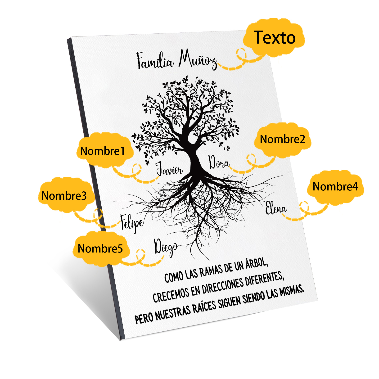 A mi familia-Lámina marco de madera Árbol de la Vida 1 texto y 5 nombres personalizados-Jessemade ES