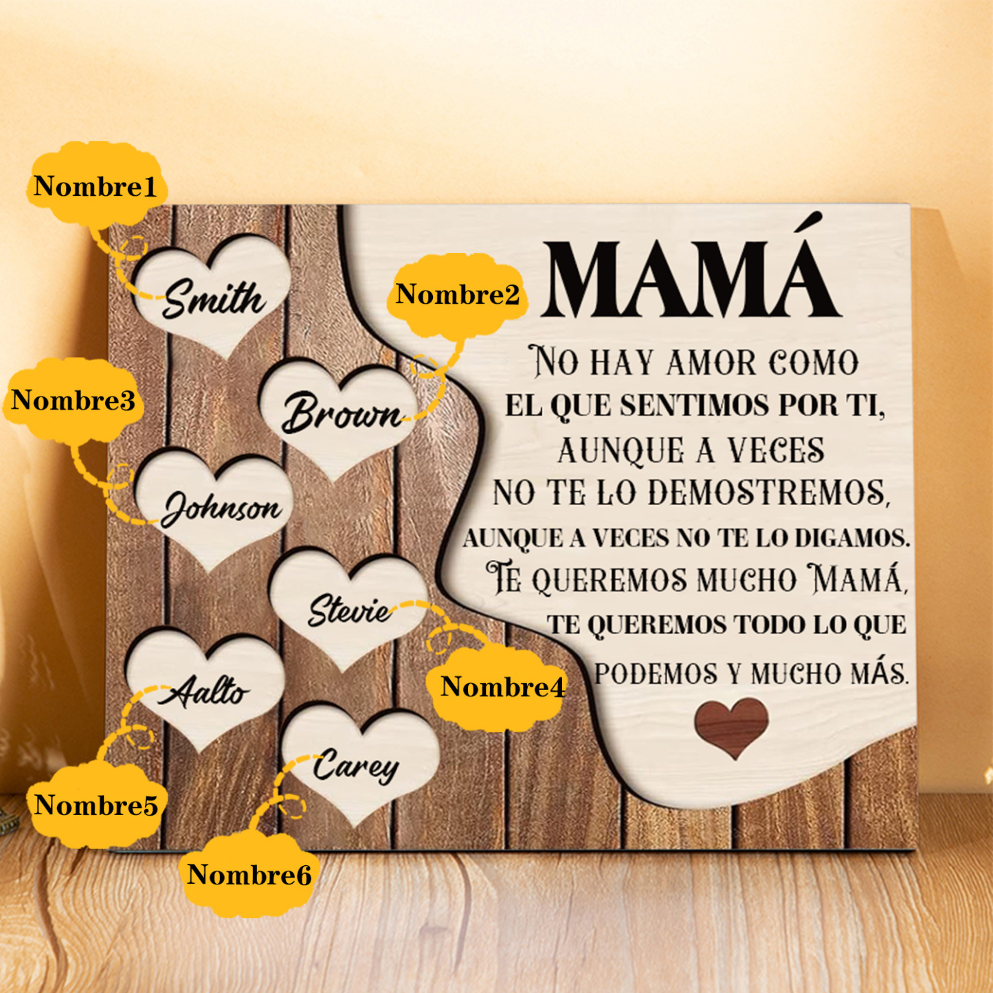 A mi mamá - Lámina 2-8 nombres personalizados marco de madera cara y corazones-Jessemade ES