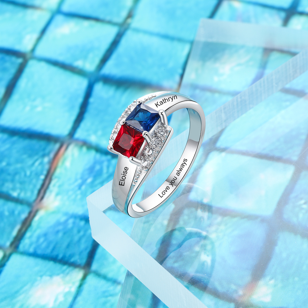 Anillo de Plata 925 2 Nombres Personalizados con 2 Piedras de Nacimiento