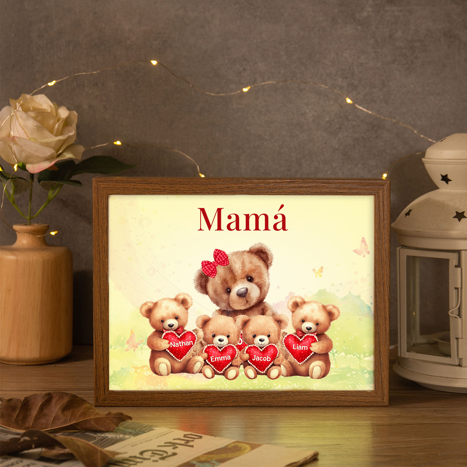 Marco con LED Familia de Osos 1-4 Nombres Personalizados con 1 Texto-Jessemade ES