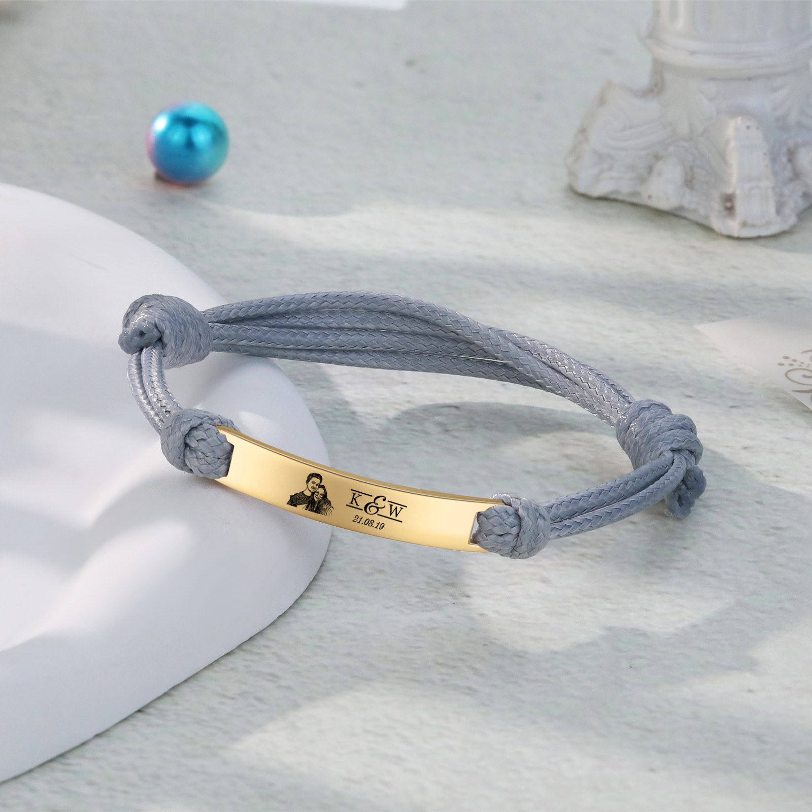 Pulseras de cuerda con placa personalizada con 2 letras, fecha y foto-Jessemade ES