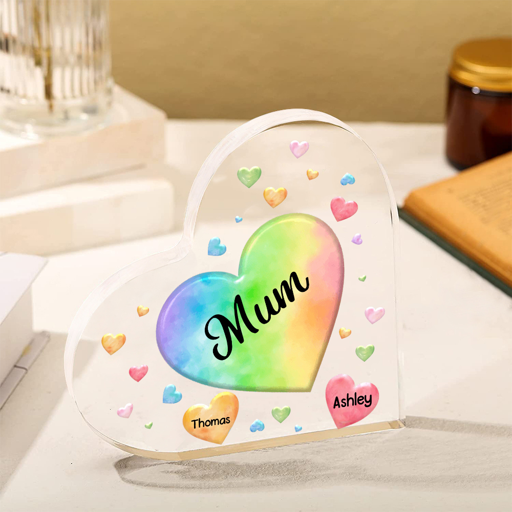 A mi mamá/abuela-Placa de acrílico "Corazones" en forma de corazón 2 nombres y 1 texto personalizados-Jessemade ES