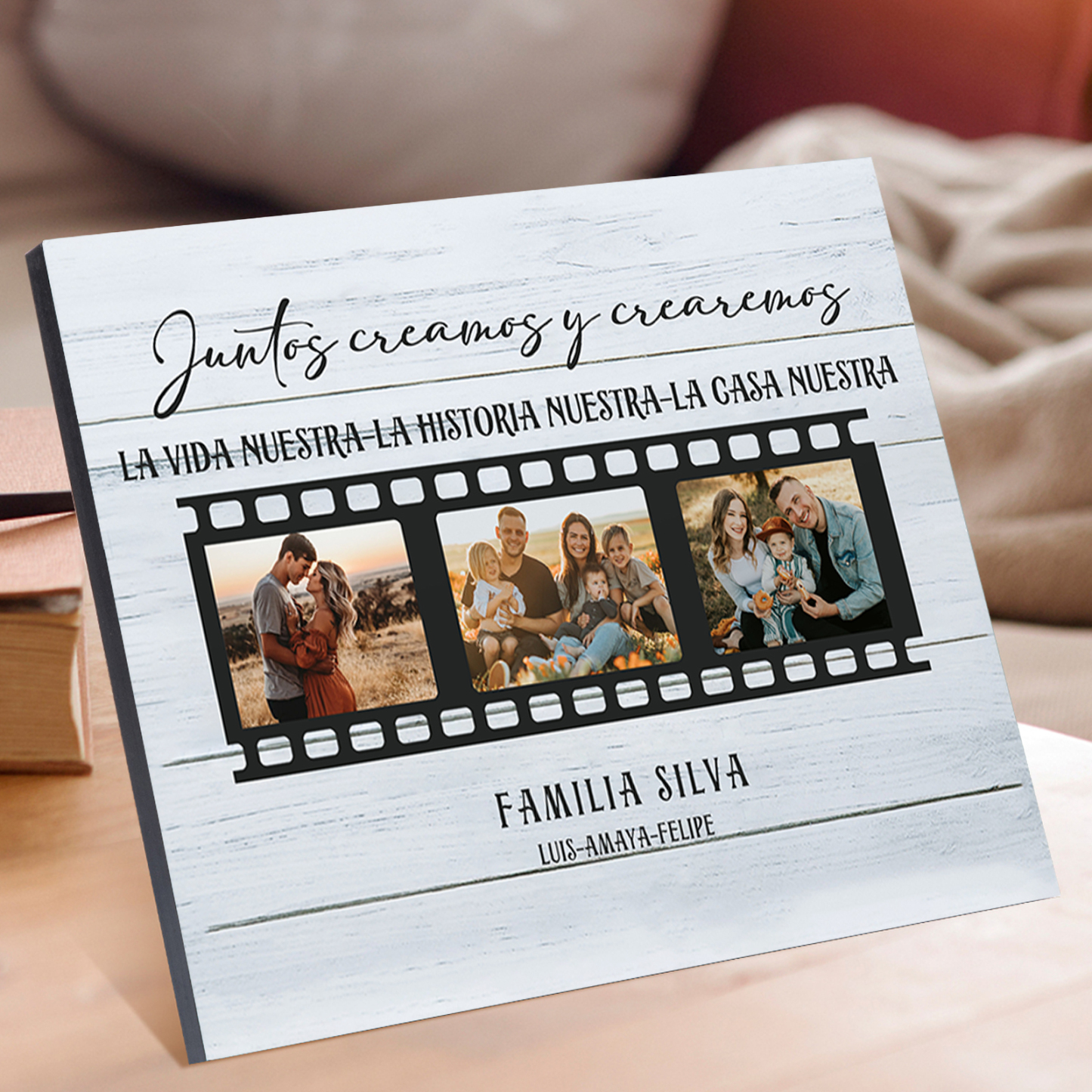 A mi familia-Lámina marco de madera "Juntos creamos una casa" 3 fotos y 2 textos personalizados-Jessemade ES