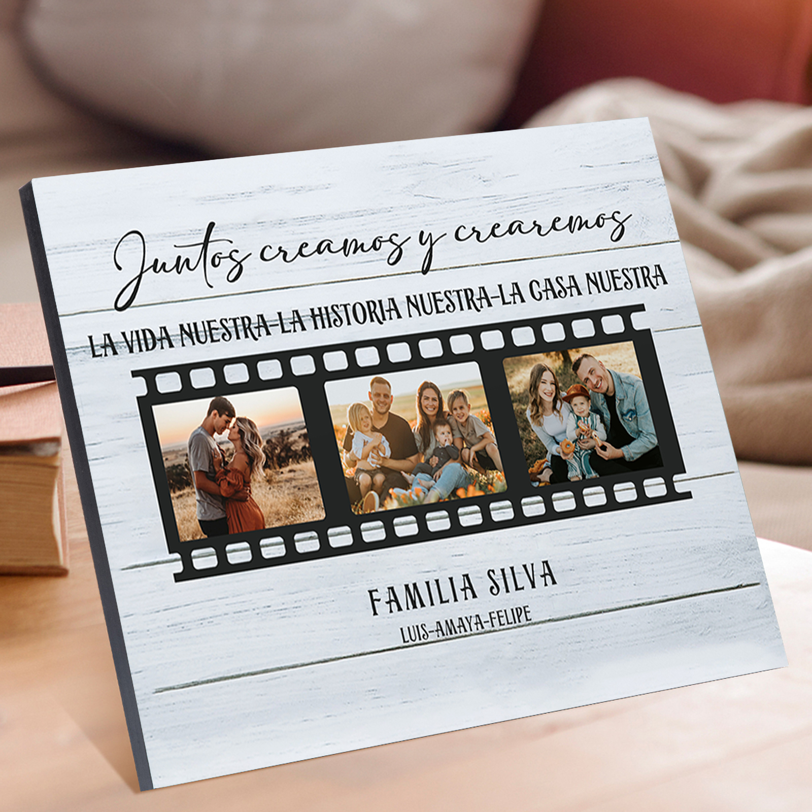 A mi familia-Lámina marco de madera "Juntos creamos una casa" 3 fotos y 2 textos personalizados-Jessemade ES