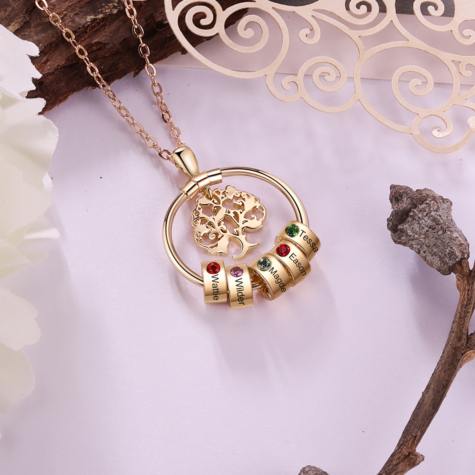 Collar con 1-5 círculos 1-5 piedras de nacimiento y nombres colgante de árbol de la vida oro-Jessemade ES