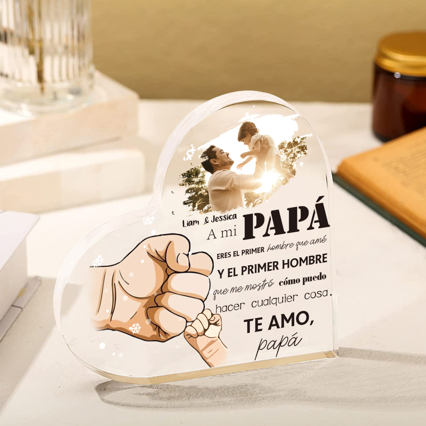 A mi papá-Placa de acrílico en forma de corazón con 2 nombres y 1 foto personalizados-Jessemade ES
