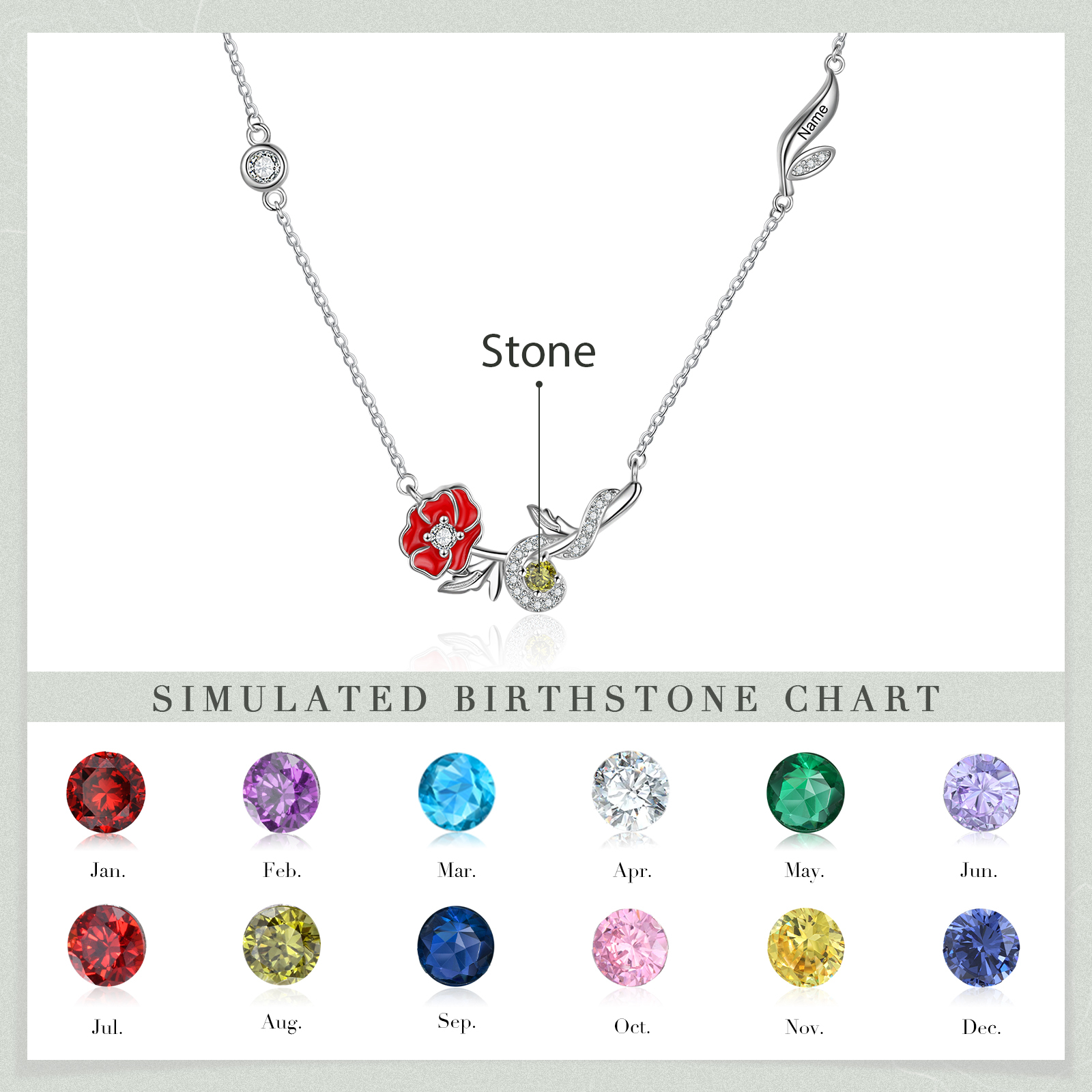 Collar de flor de agosto adormidera con nombre personalizado y piedra de nacimiento-Jessemade ES