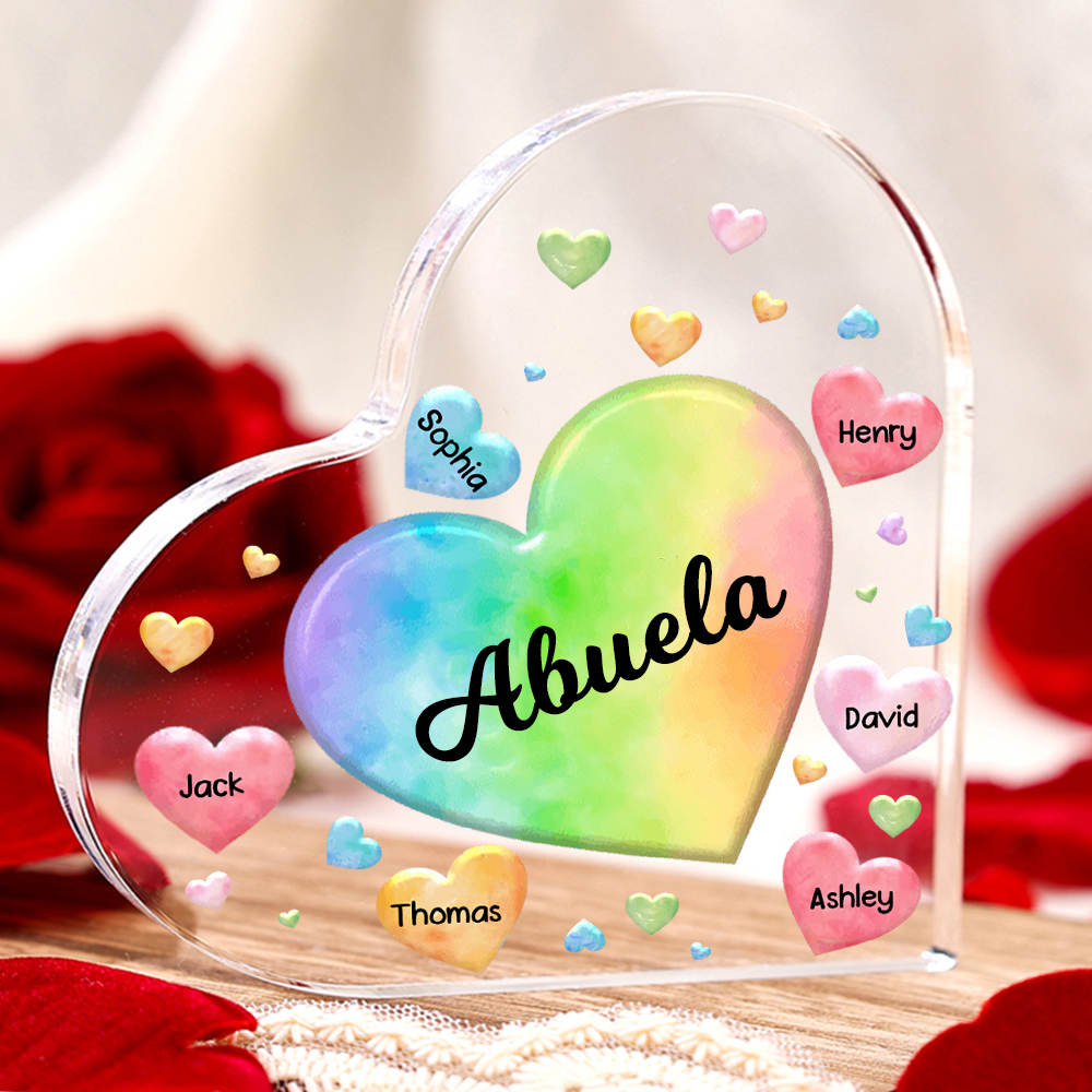 A mi mamá/abuela-Placa de acrílico "Corazones" en forma de corazón 6 nombres y 1 texto personalizados-Jessemade ES