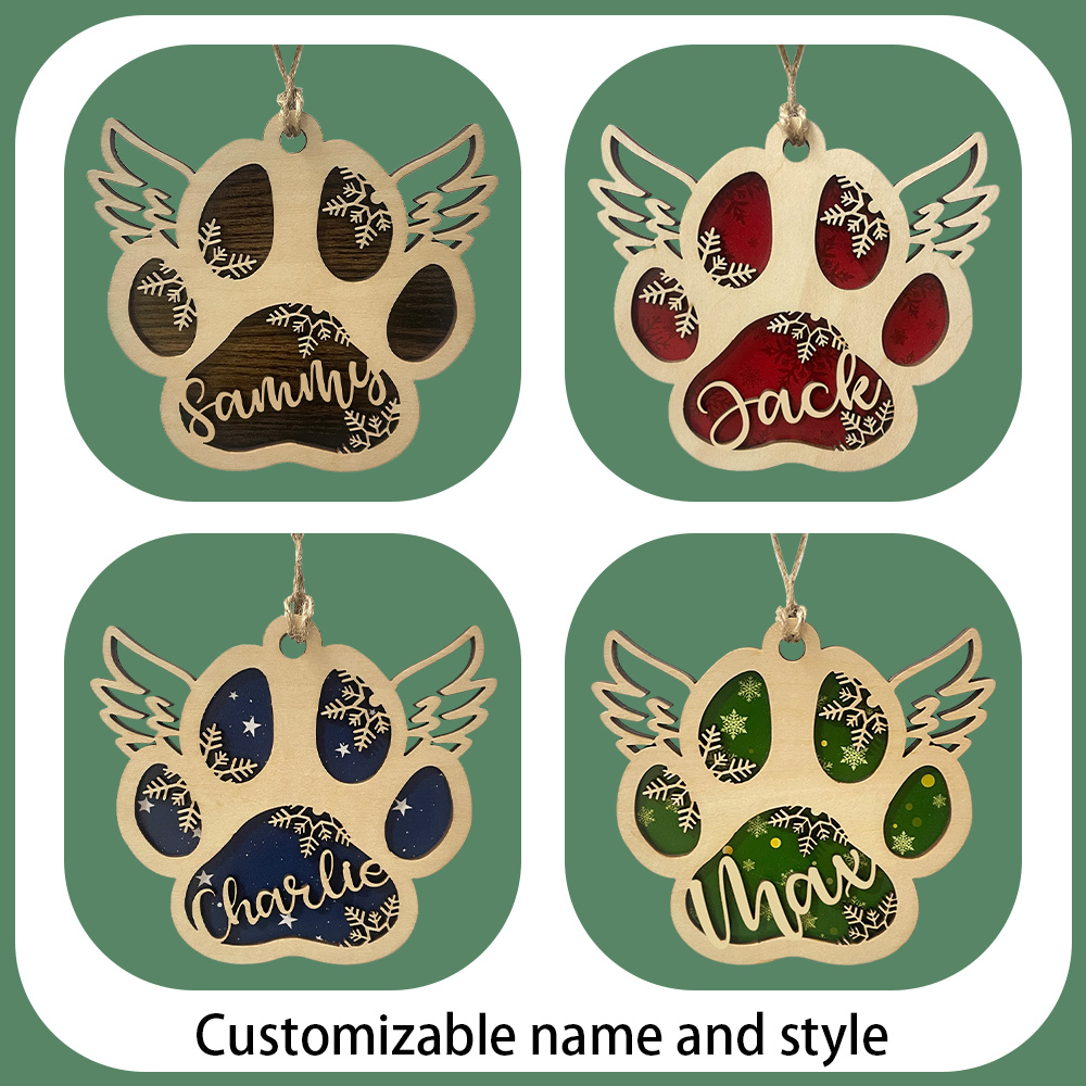 Navidad-Ornamento navideño de madera pata de perro con alas con 1 nombre personalizado