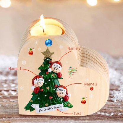 Navidad - Candelero de corazón de madera árbol de familia personalizado con 3 nombres y 1 texto sin vela-Jessemade ES