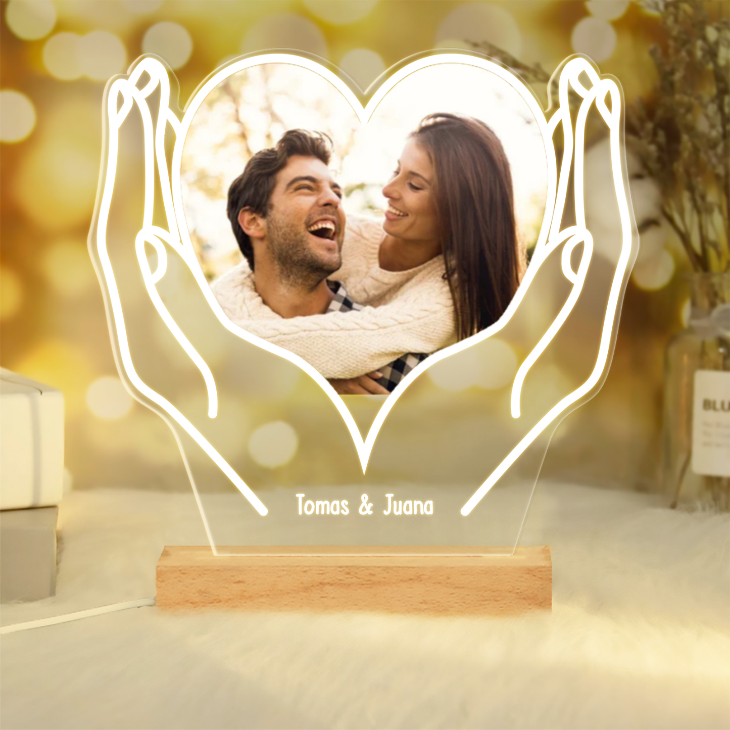 Lámpara para pareja en forma de corazón foto y nombres personalizados-Jessemade ES