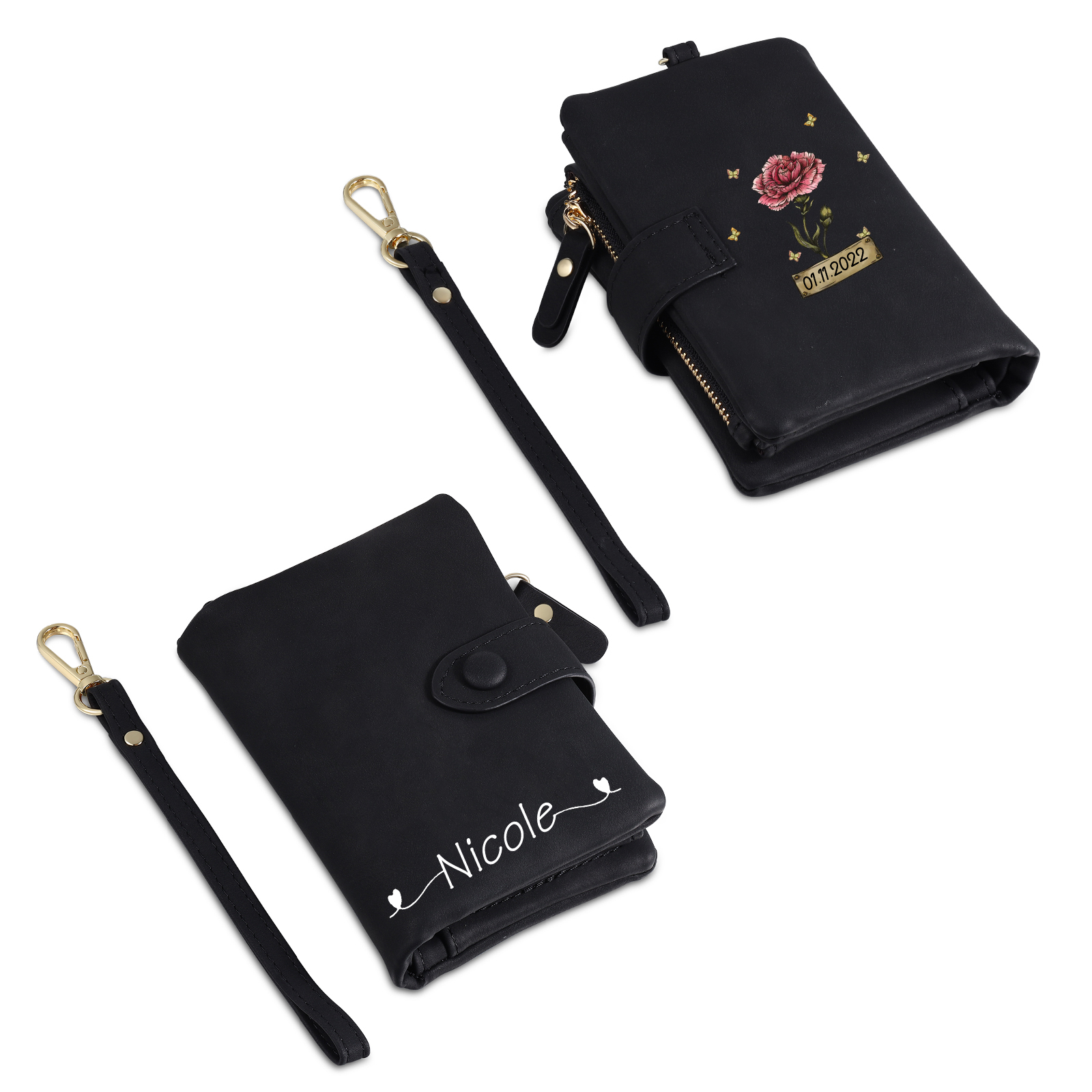 Cartera, billetera con 1 nombre, 1 fecha y 1 flor de nacimiento personalizados monedero clásico para mujer