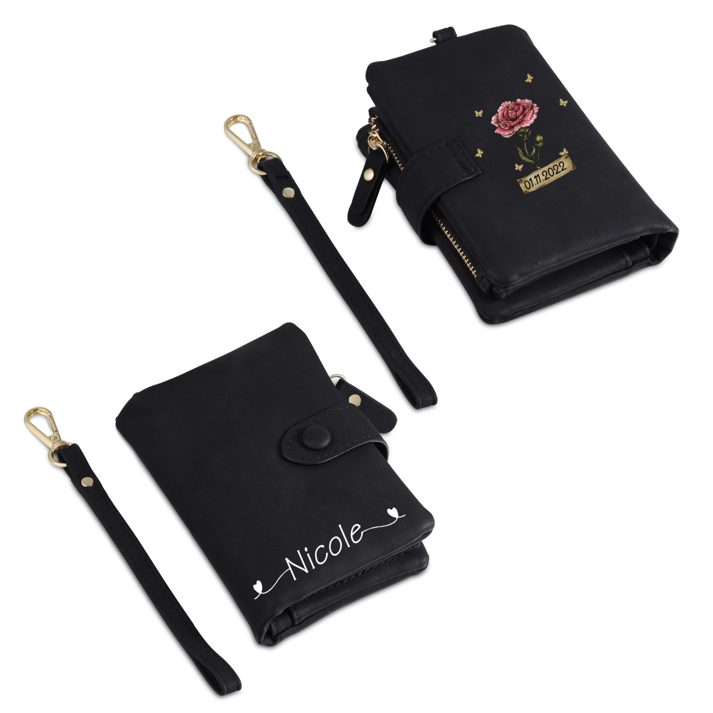 Cartera, billetera con 1 nombre, 1 fecha y 1 flor de nacimiento personalizados monedero clásico para mujer