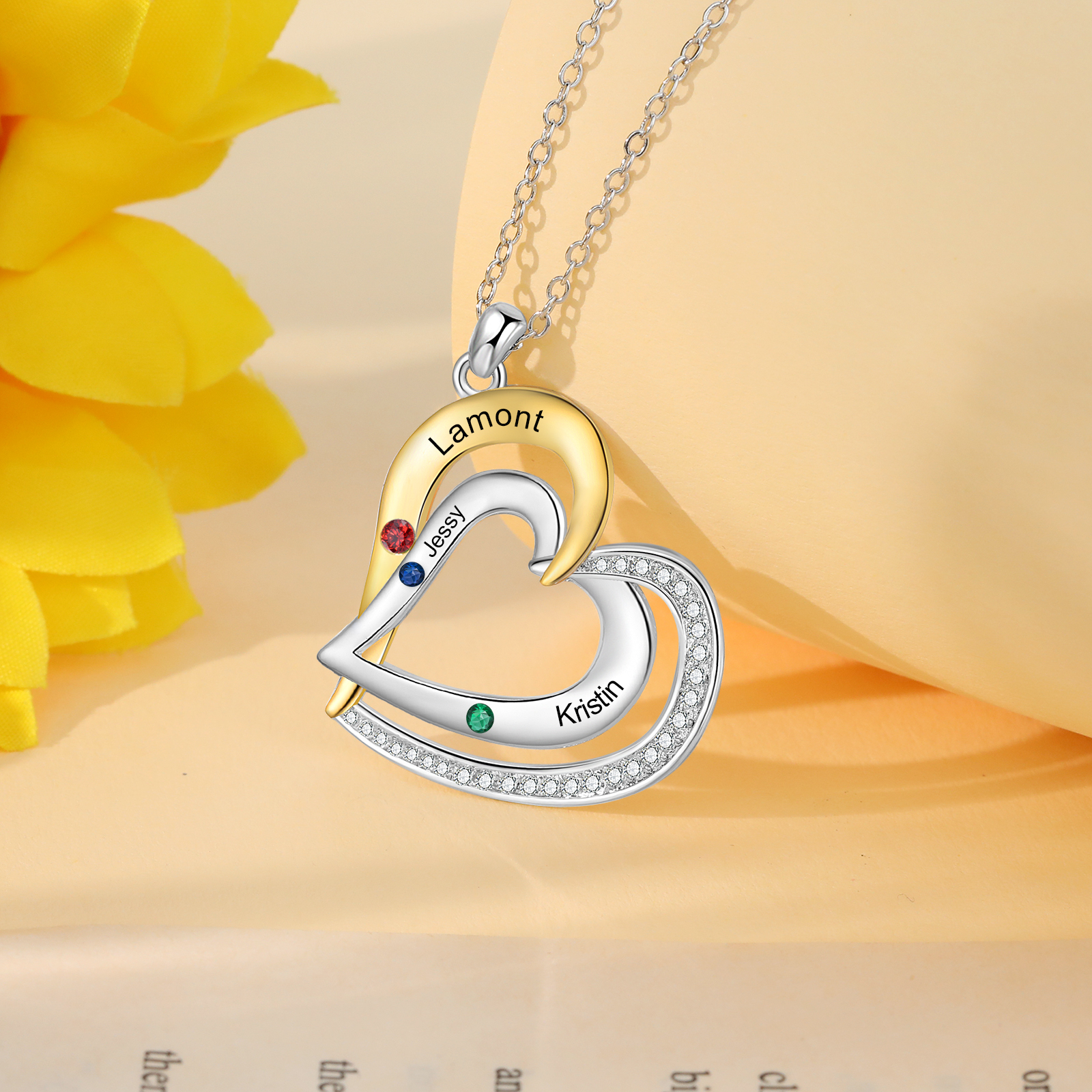 Collar de corazón de plata 925 con 3 nombres y piedras de nacimiento personalizado-Jessemade ES