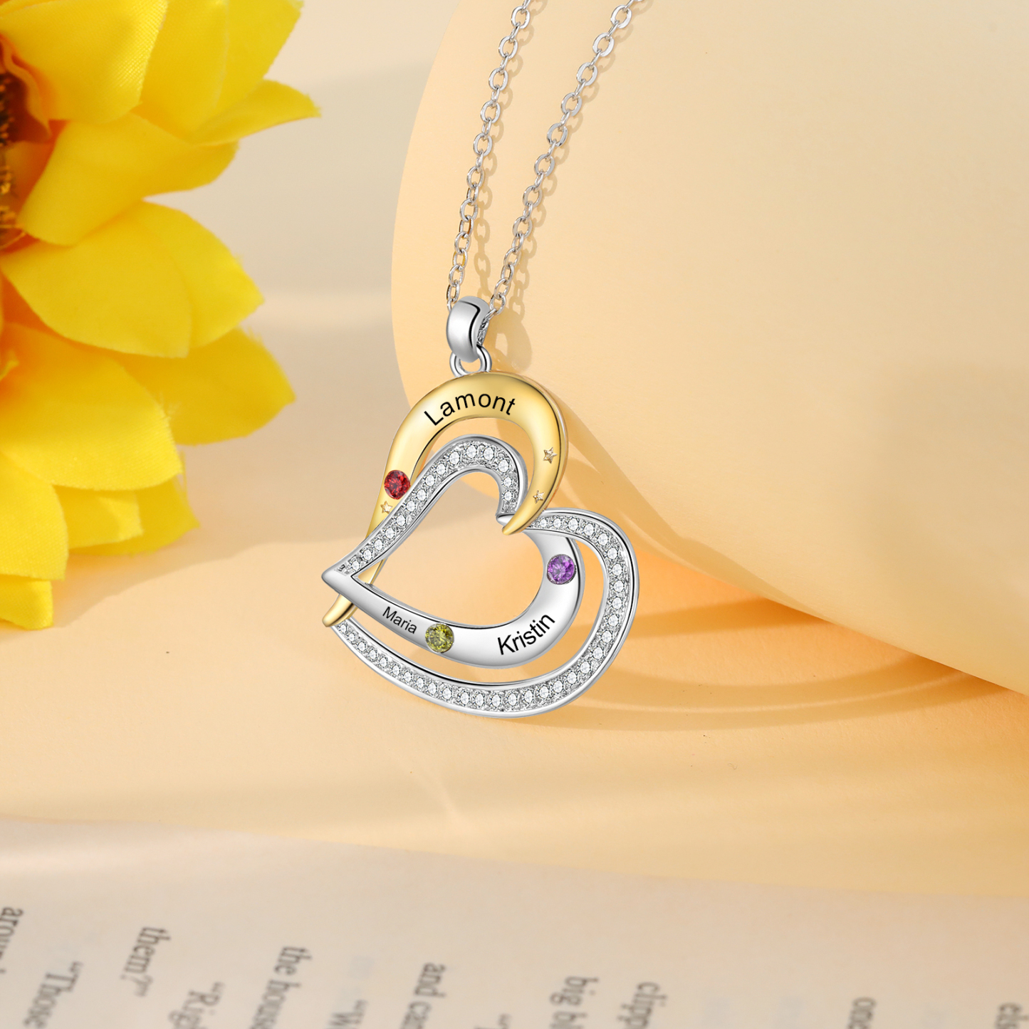 Collar de corazón con 3 nombres y piedras de nacimiento personalizados-Jessemade ES