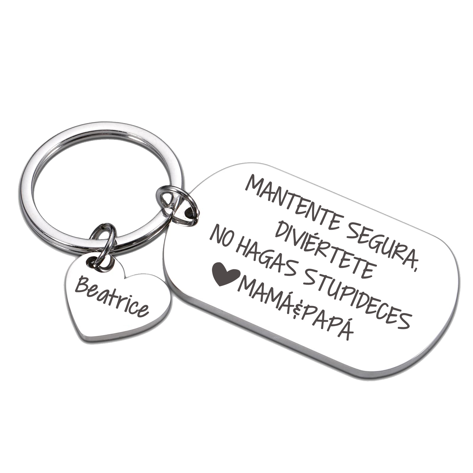 Llavero de placa "MANTENTE SEGURA, DIVIÉRTETE, NO HAGAS STUPIDECES" a hija de padres 1 nombre personalizado-Jessemade ES