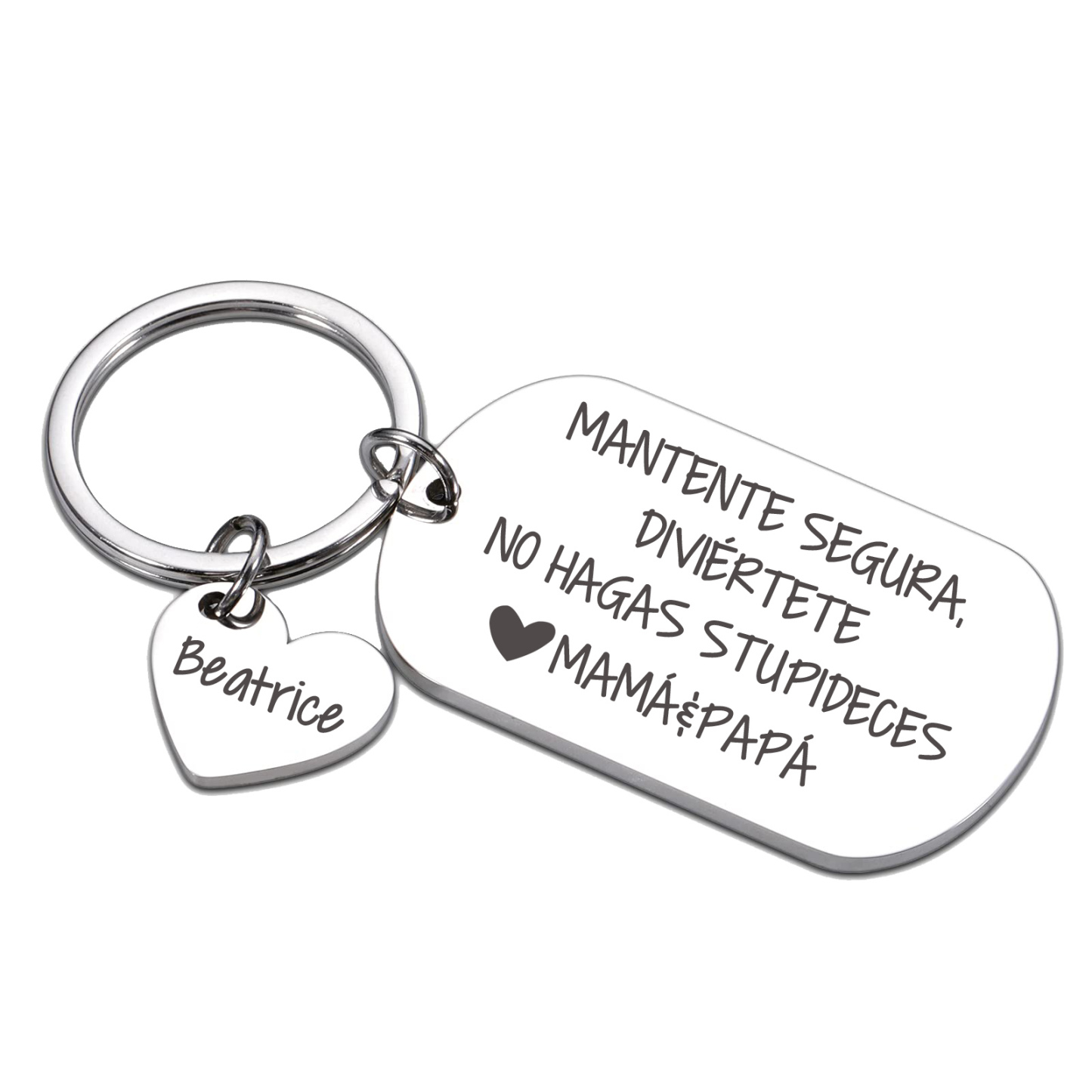 Llavero de placa "MANTENTE SEGURA, DIVIÉRTETE, NO HAGAS STUPIDECES" a hija de padres 1 nombre personalizado-Jessemade ES