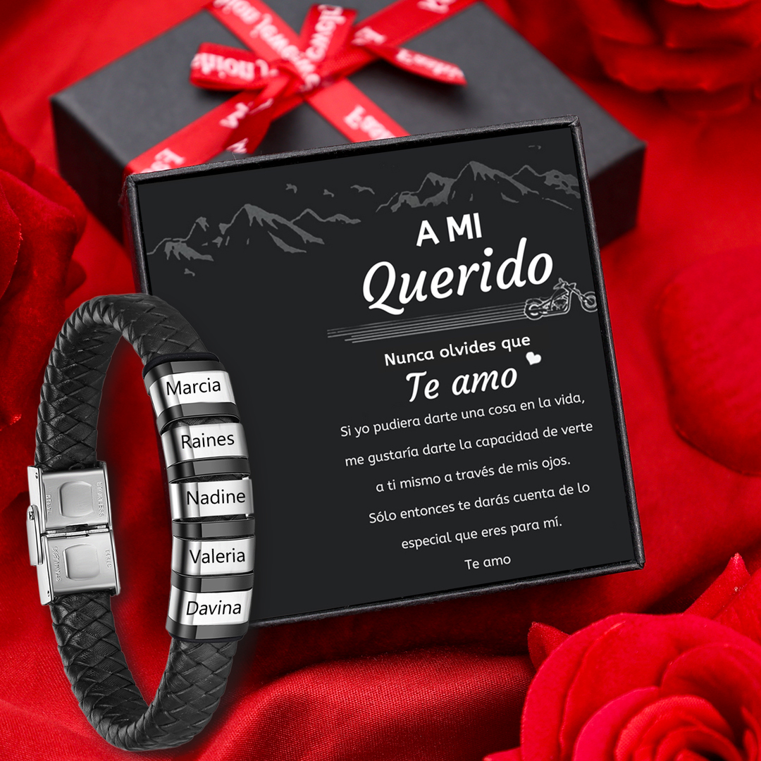 A mi querido-Pulsera de cuero trenzado de hombre con 5 perlas personalizadas con 5 nombres-Jessemade ES