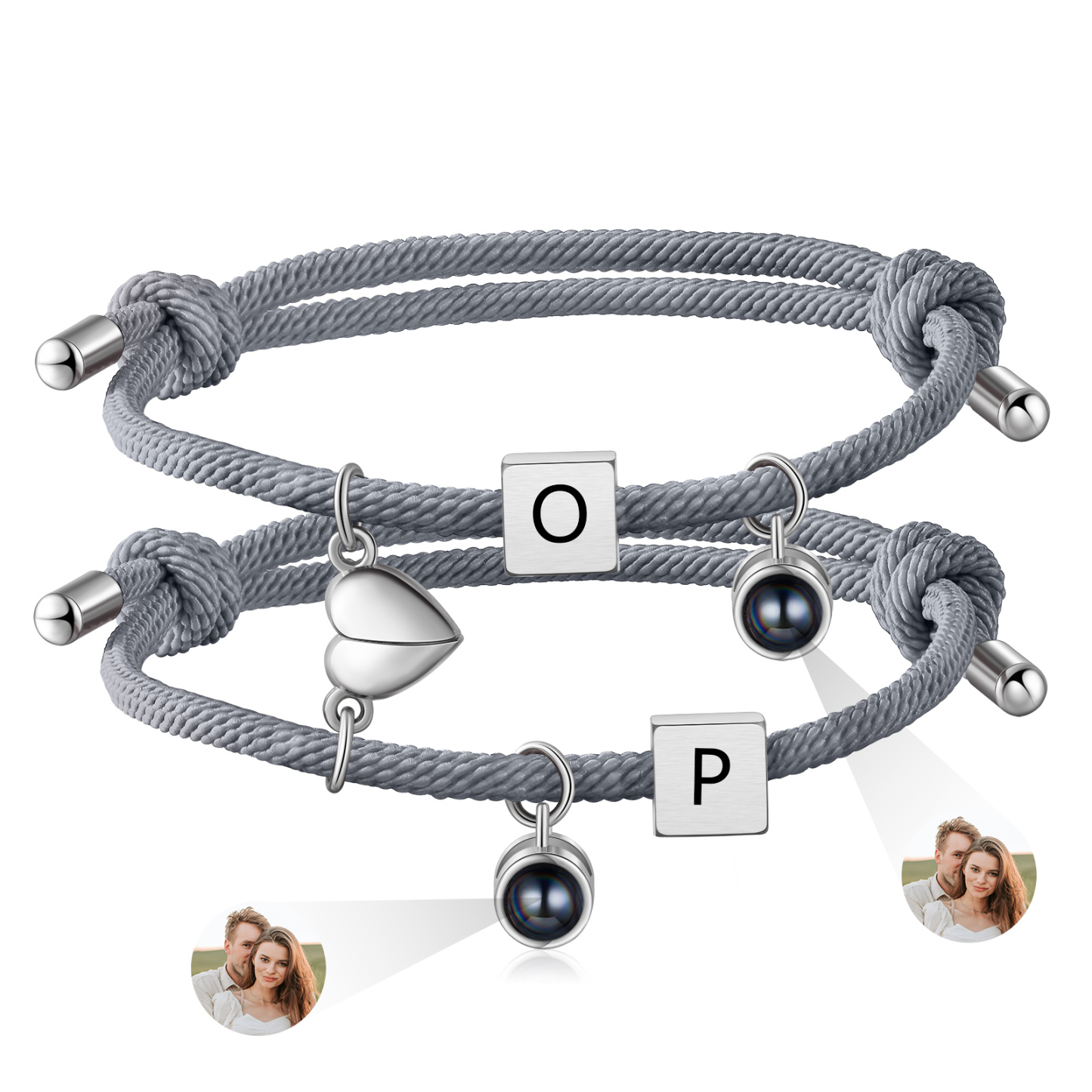 Pulsera de cuerda para pareja personalizada con 2 letras con proyección de foto y dije de corazón magnético-Jessemade ES