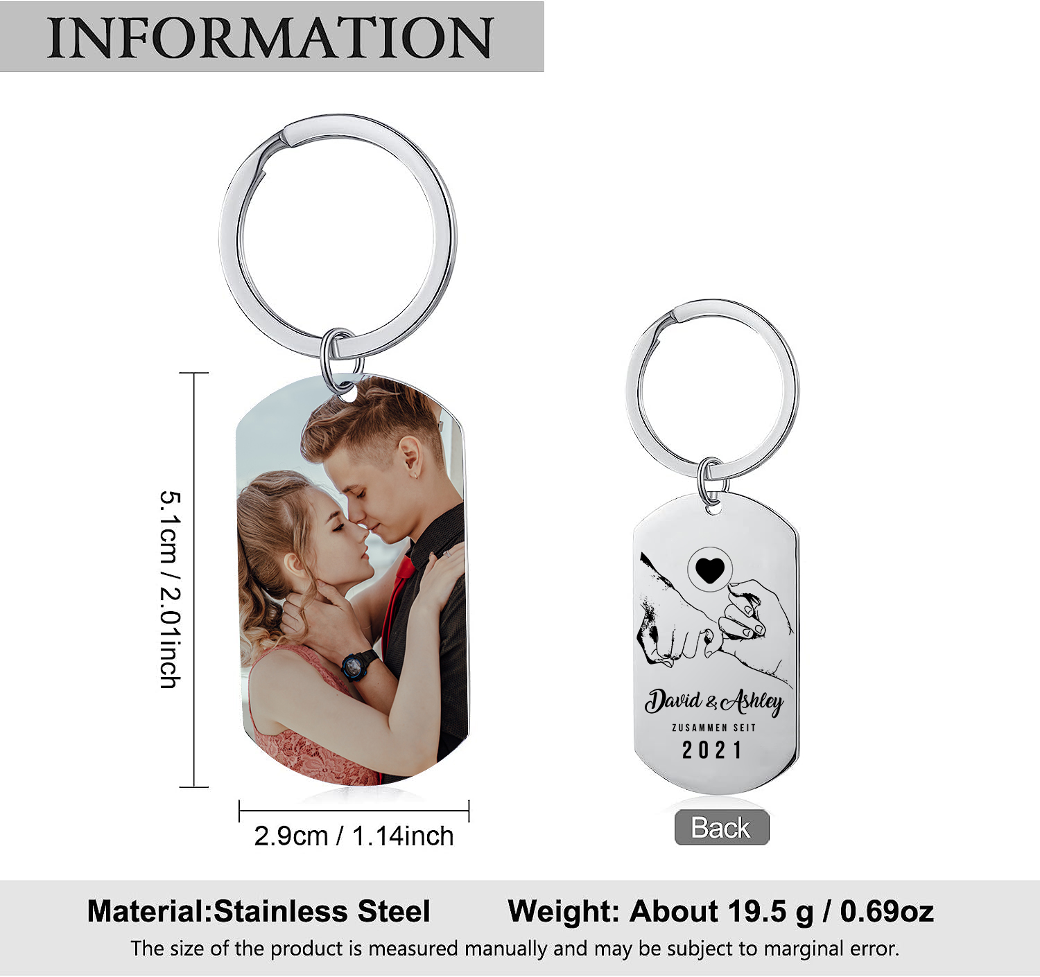 Llavero dedos cogidos personalizado con 2 nombres, texto, año y 1 foto para pareja-Jessemade ES