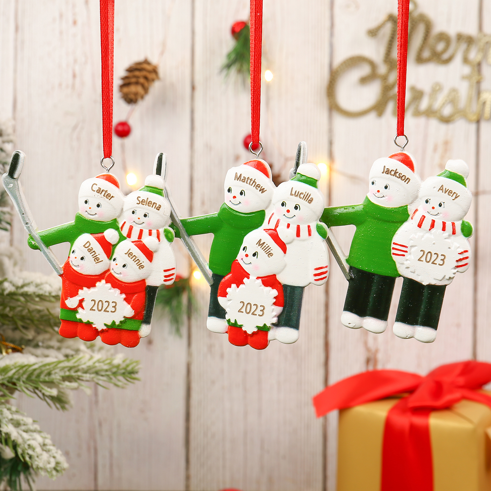 Navidad-Ornamento muñecos navideño de resina Esquiar año y 4 nombres personalizados adorno del árbol