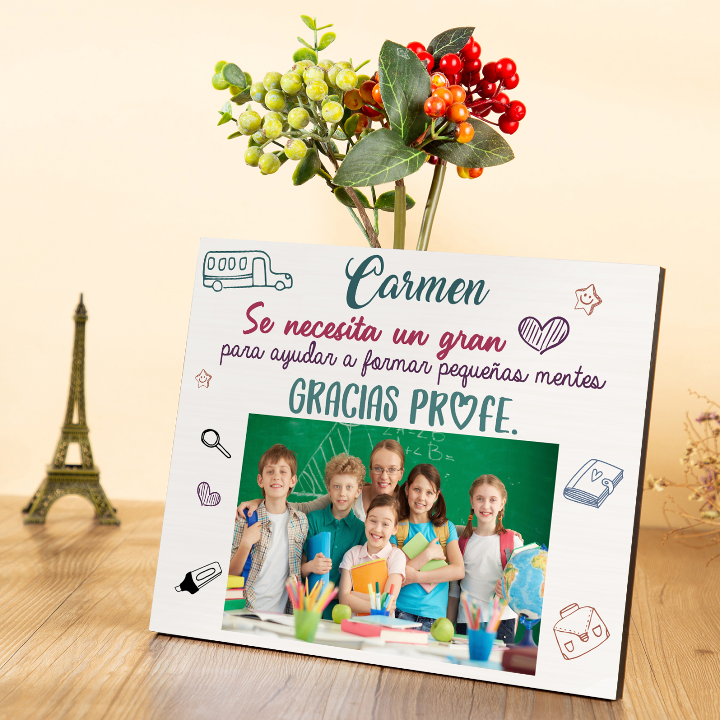 A mi profe-Lámina marco de madera Gracias Profe de 1 foto y 1 nombre-Jessemade ES