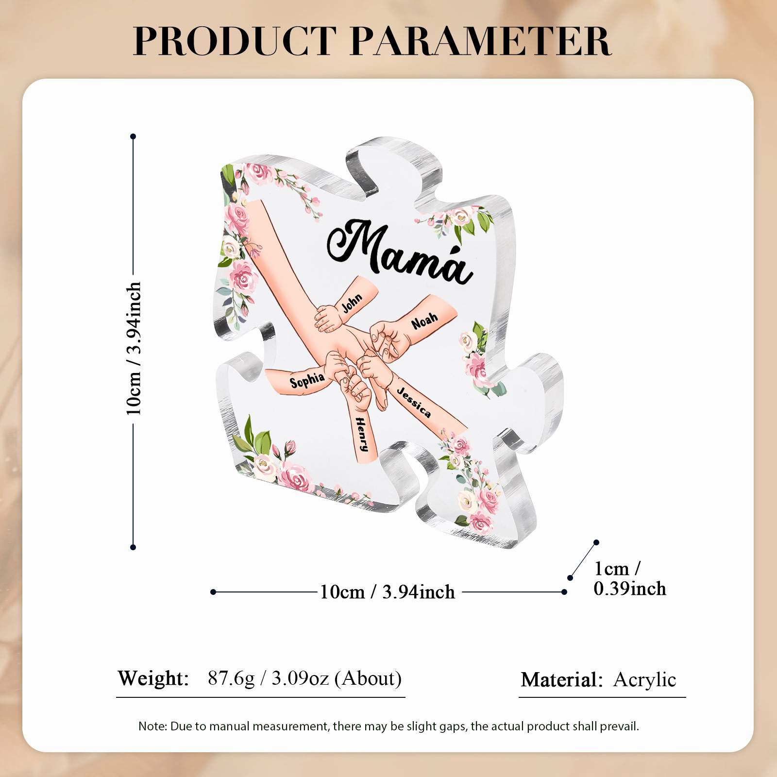 A mi mamá/abuela-Placa de acrílico en forma de corazón mano a mano con 1 texto y 5 nombres personalizados | Jessemade