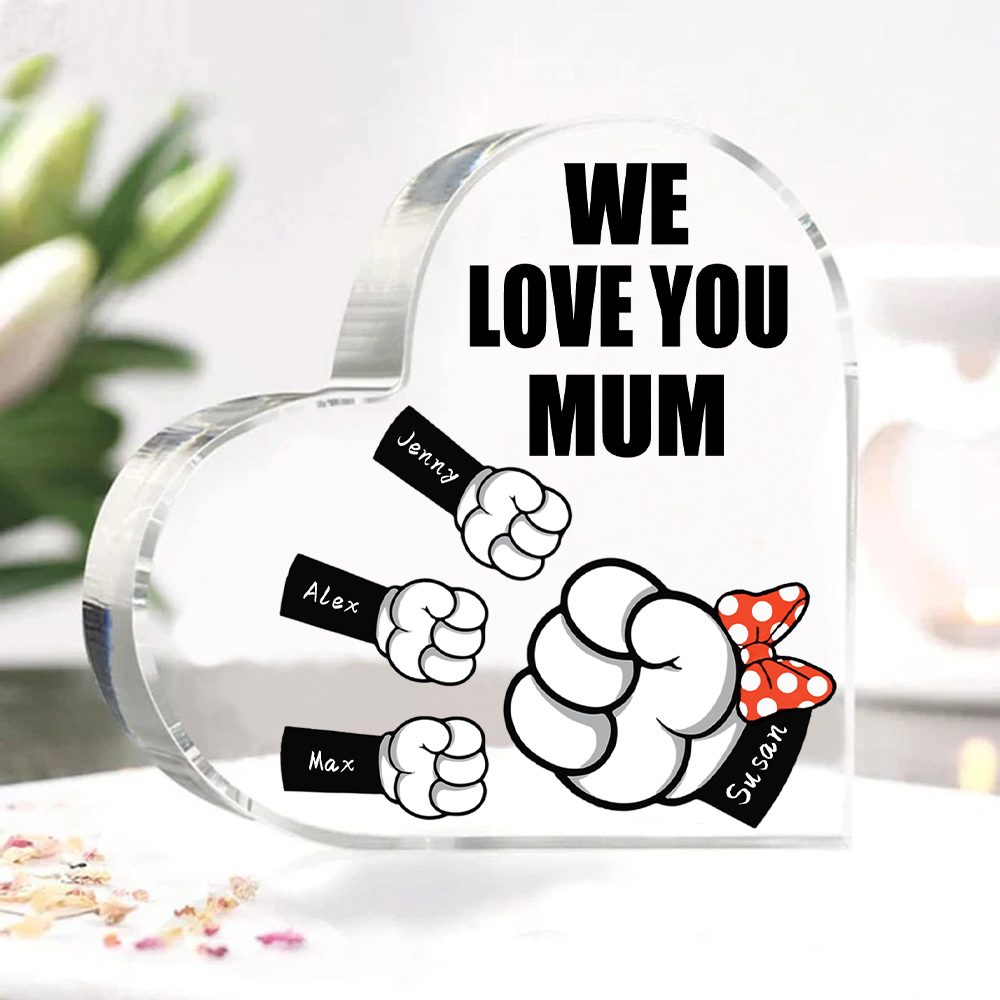 A mi mamá/abuela-Placa de acrílico "Puños" en forma de corazón 4 nombres y 1 texto personalizados-Jessemade ES