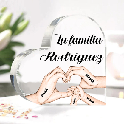 Placa de acrílico en forma de corazón mano a mano con 1 texto y 4 nombres personalizados-Jessemade ES