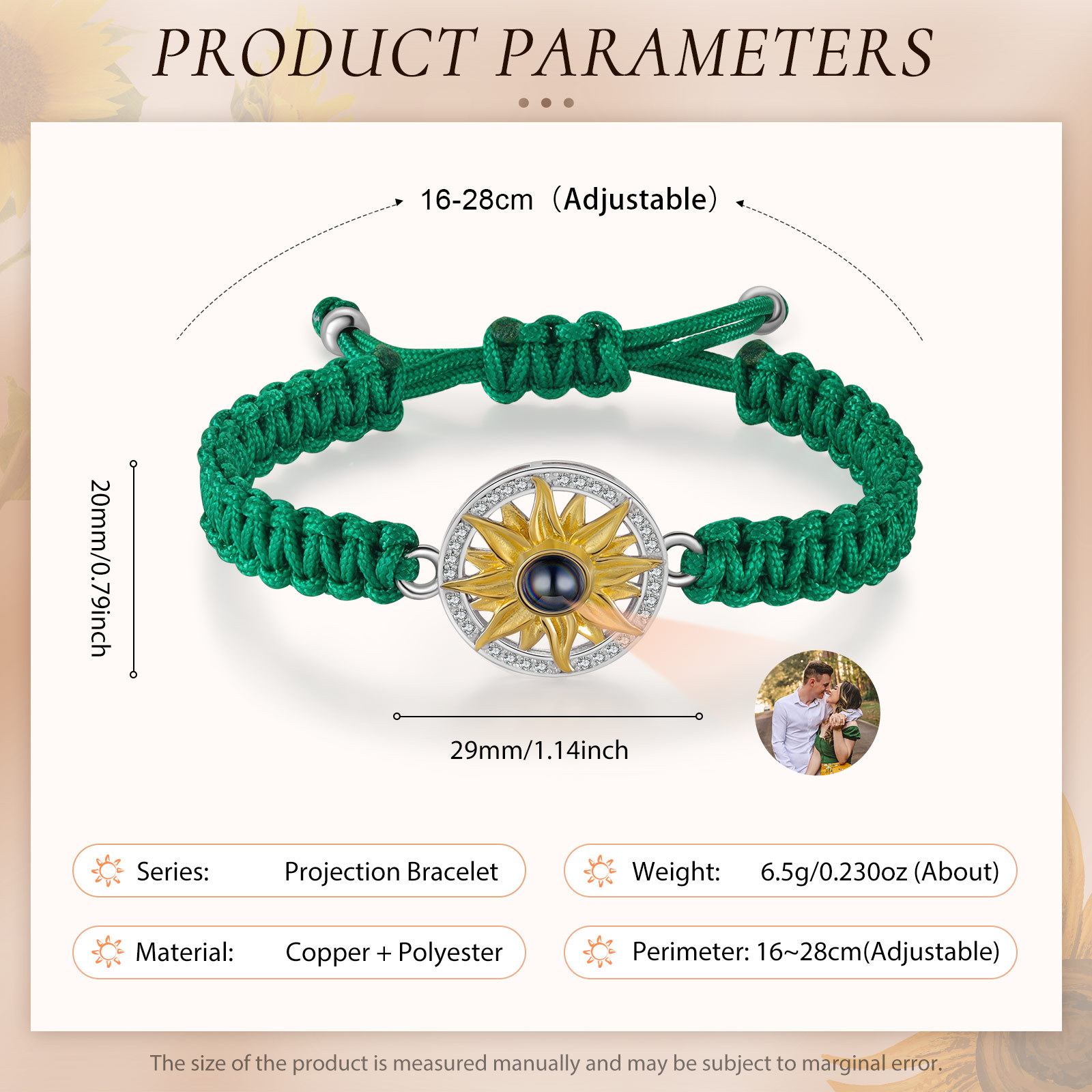 Pulsera con proyección de foto con dije de girasol cuerda verde-Jessemade ES