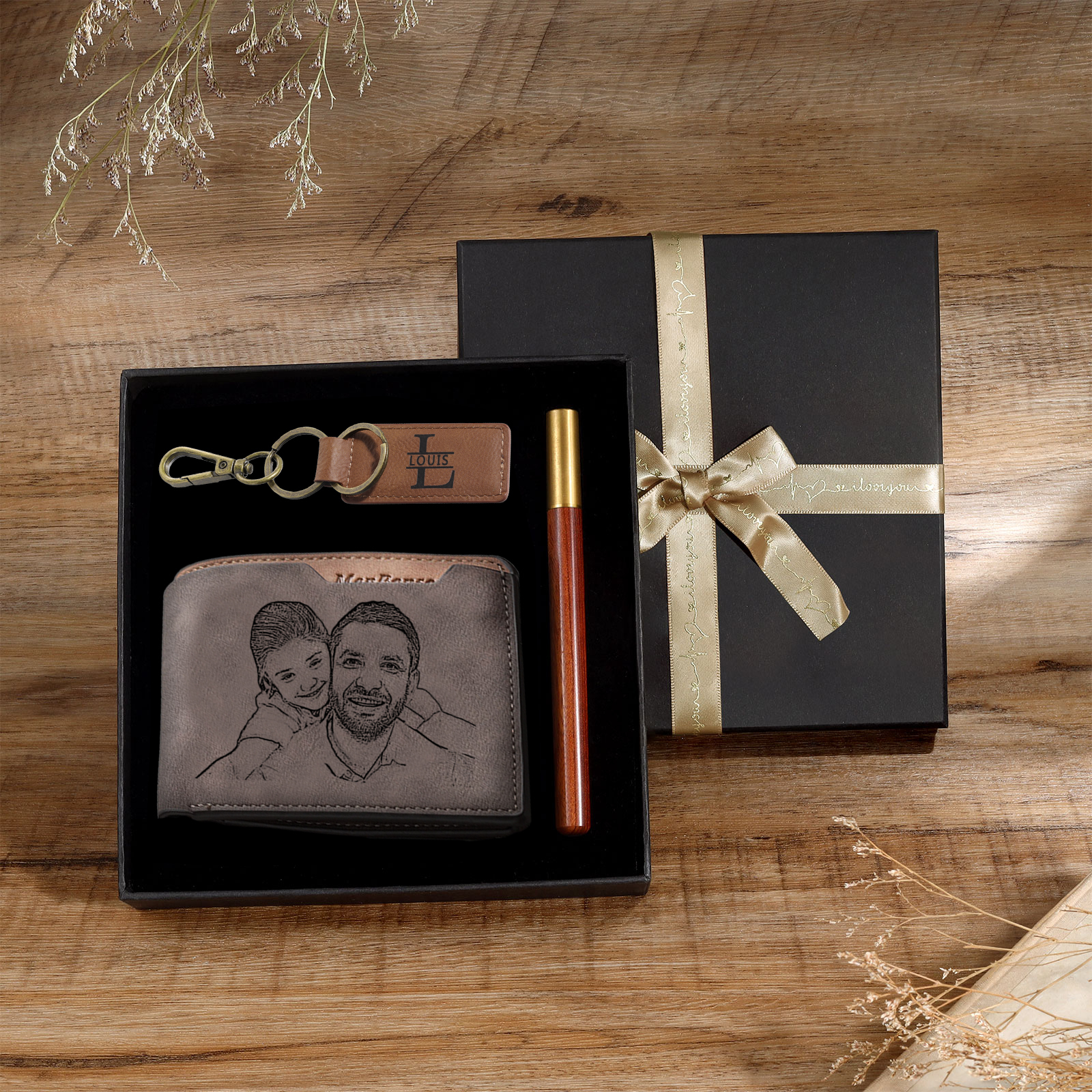 Kit de regalo-Llavero, cartera y bolígrafo con 1 nombre, letra y texto personalizados con foto para hombre-Jessemade ES